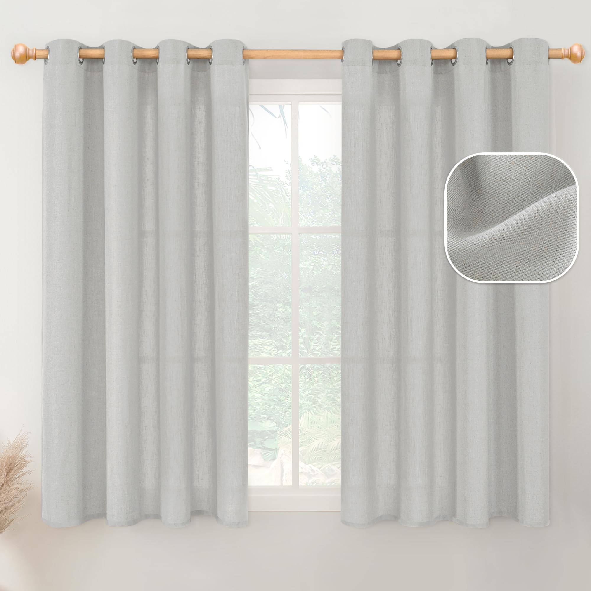 YoungsTex Linen Curtains 45 Inches Length Grommet Linen Textured Window Drapes Light Filtering for Cafe Kitchen Bathroom, 2 Pane