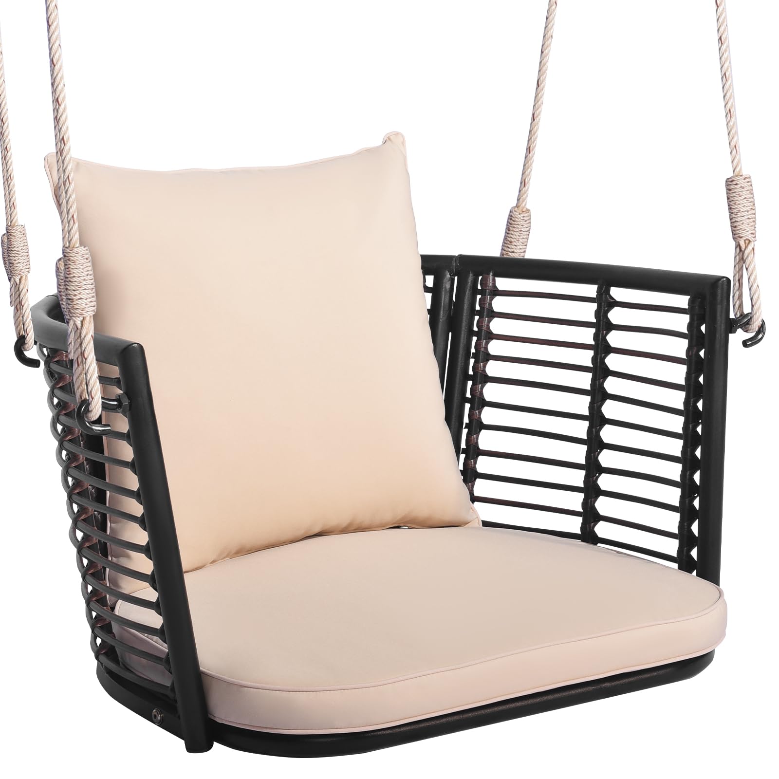 Tangkula Outdoor Metal Porch Swing, Single Person Hanging Seat W/Woven Rattan Backrest, 2 Sturdy Hanging Ropes, Seat & Back Cushions Included, Heavy-Duty Swing Chair For Front Porch, Backyard (Beige)