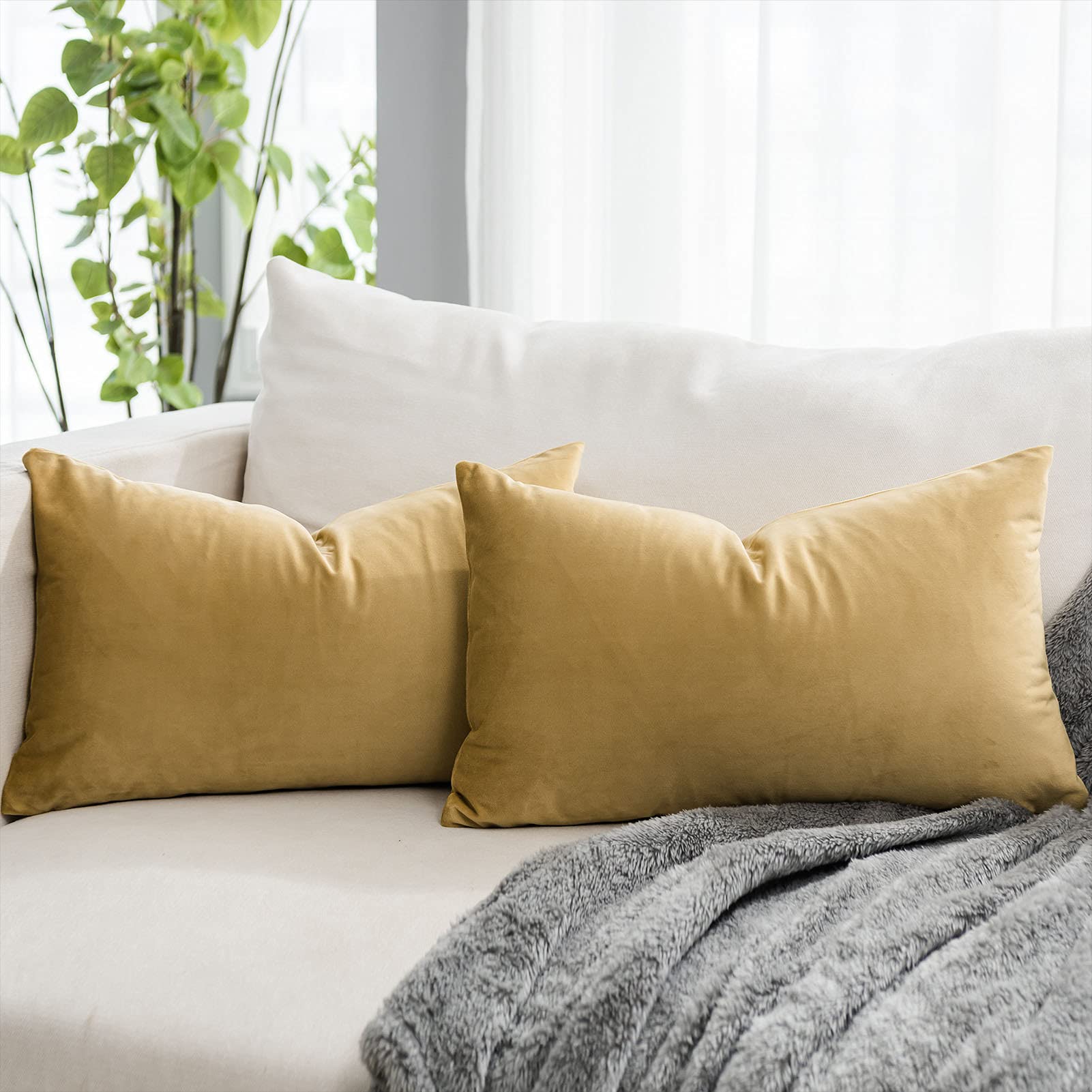 Quafoo Khaki Decorative Lumbar Velvet Throw Pillow Covers 12X20 Inch Set Of 2 With Zipper Luxury Soft Solid Rectangle Cushion Co