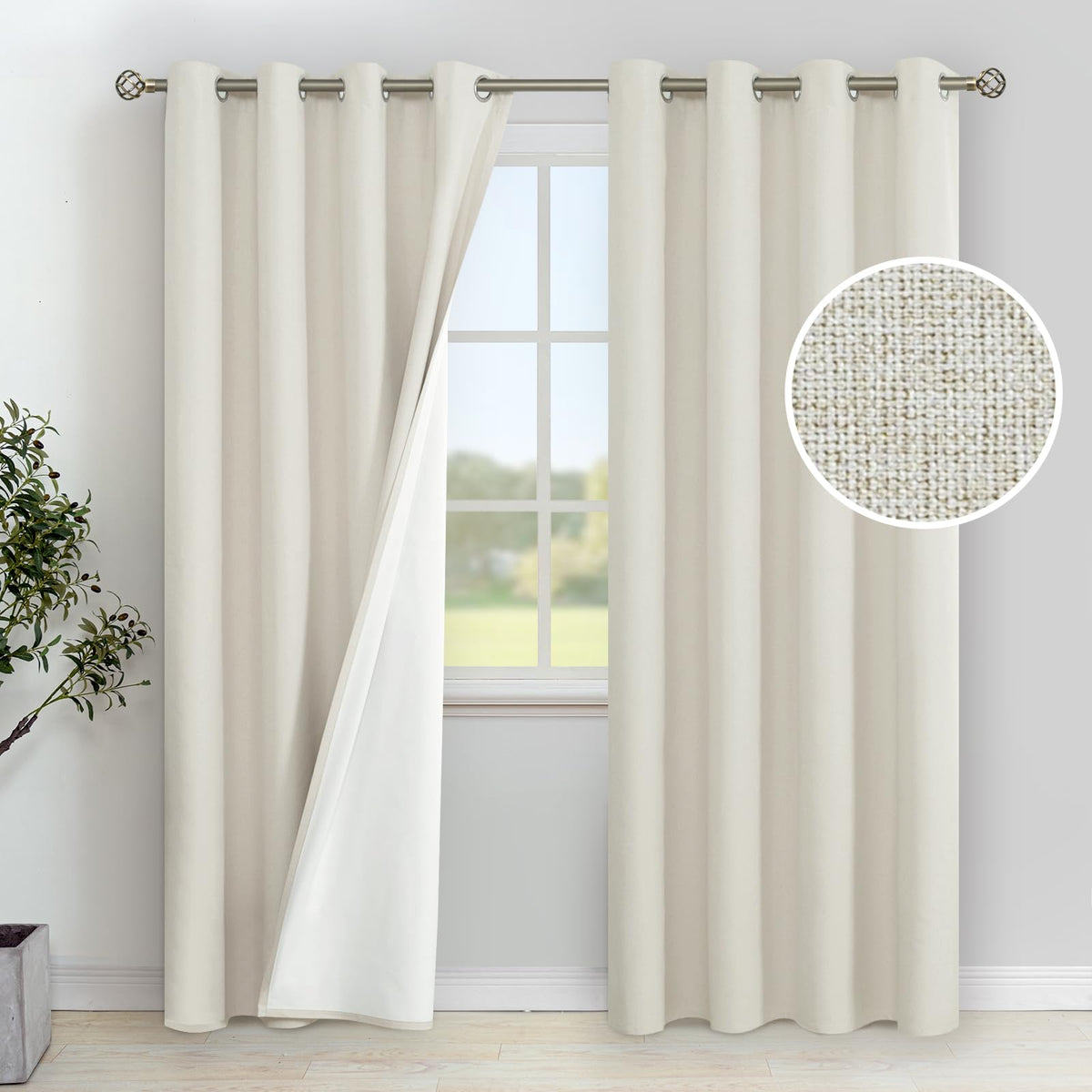 YoungsTex Linen 100% Blackout Curtains for Bedroom, Linen Textured Grommet Thermal Insulated Full Room Darkening Curtains with W