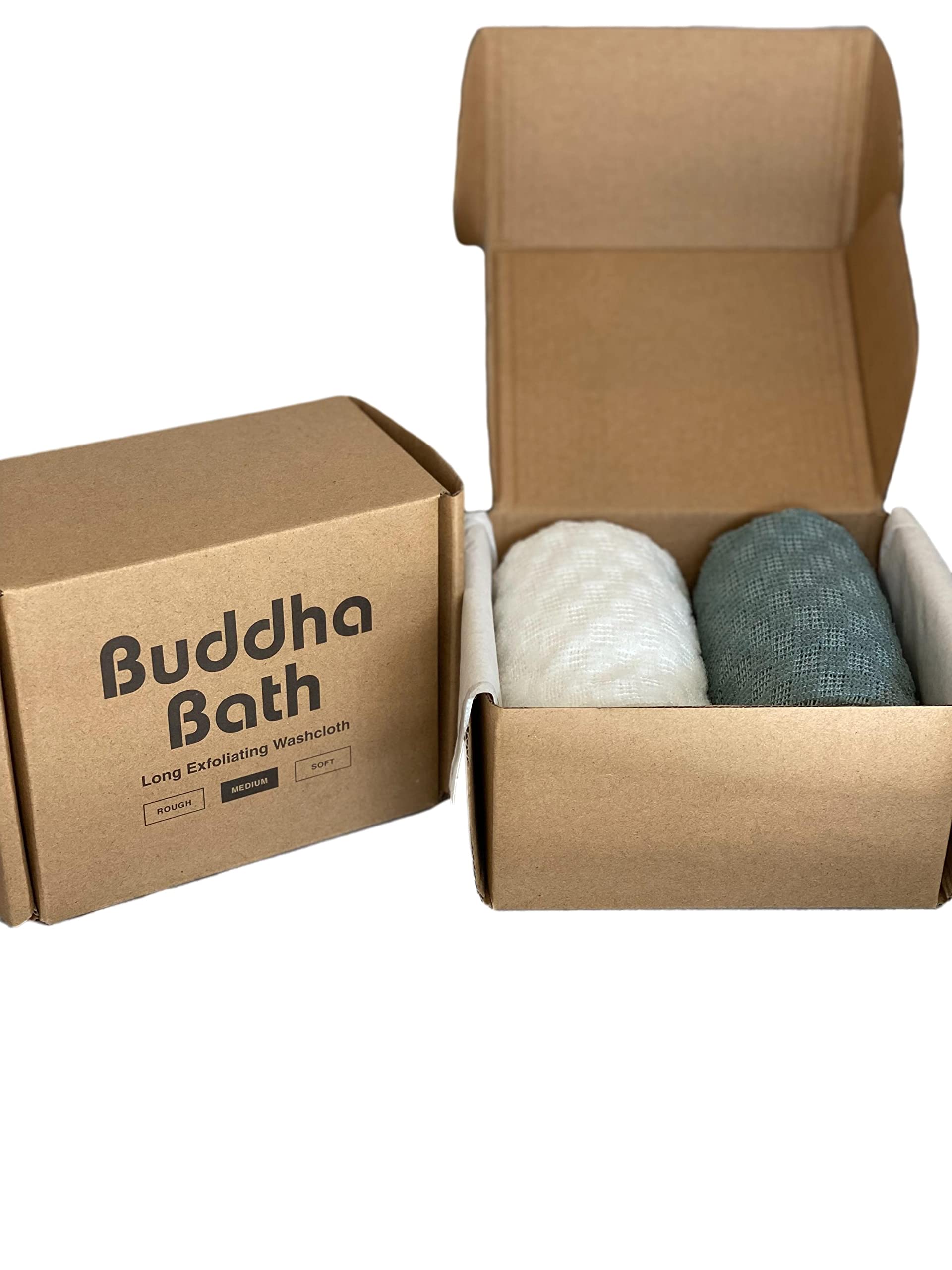 Buddha Bath Extra Long Exfoliating Shower Towel Washcloth (Medium Exfoliate) - Silver Blue & White - (2 Pack)