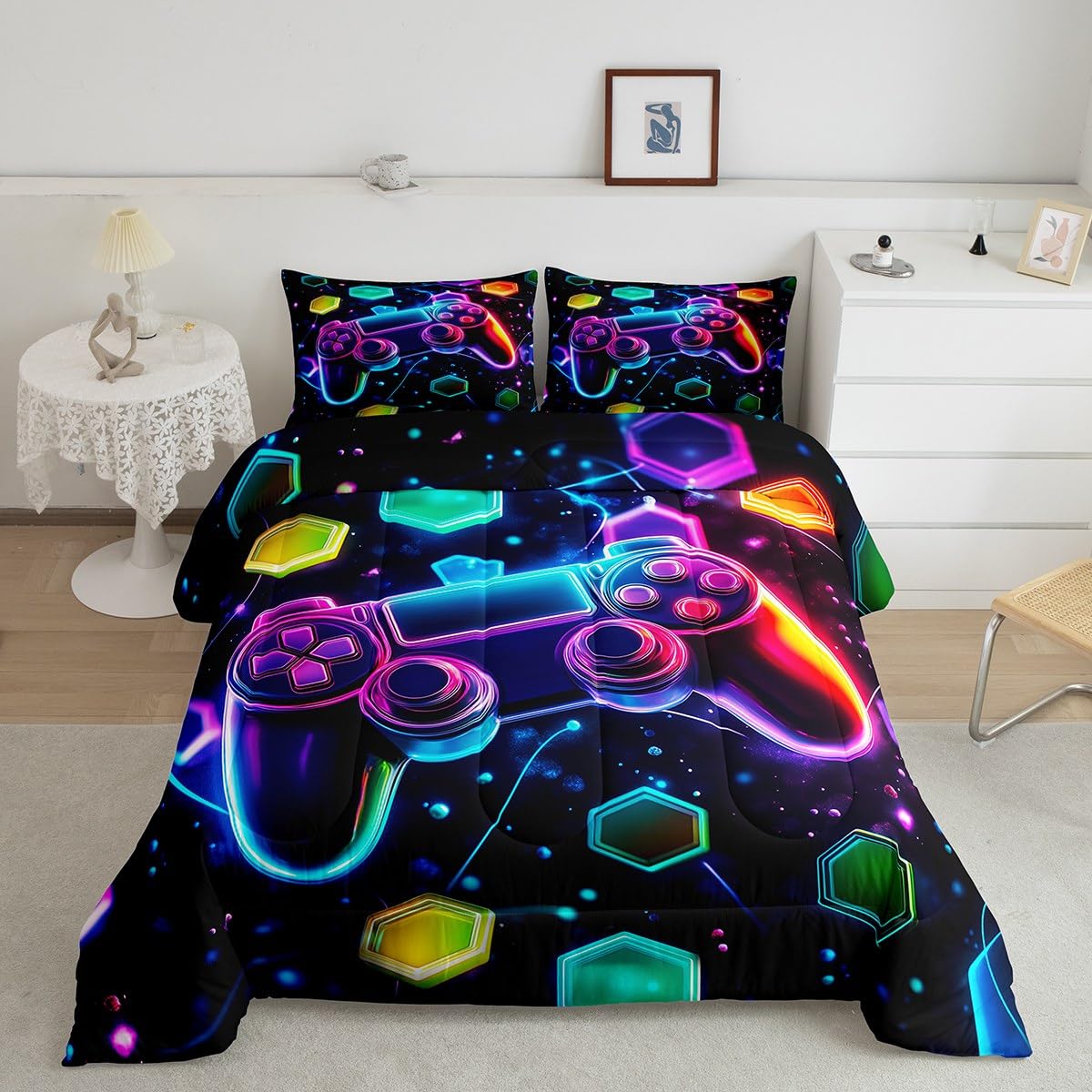 Boys Gaming Reversible Comforter Set Full Size,Video Games Gamepad Print Bedding Set Gamer Room Decor,Space Galaxy Glow Neon Hex