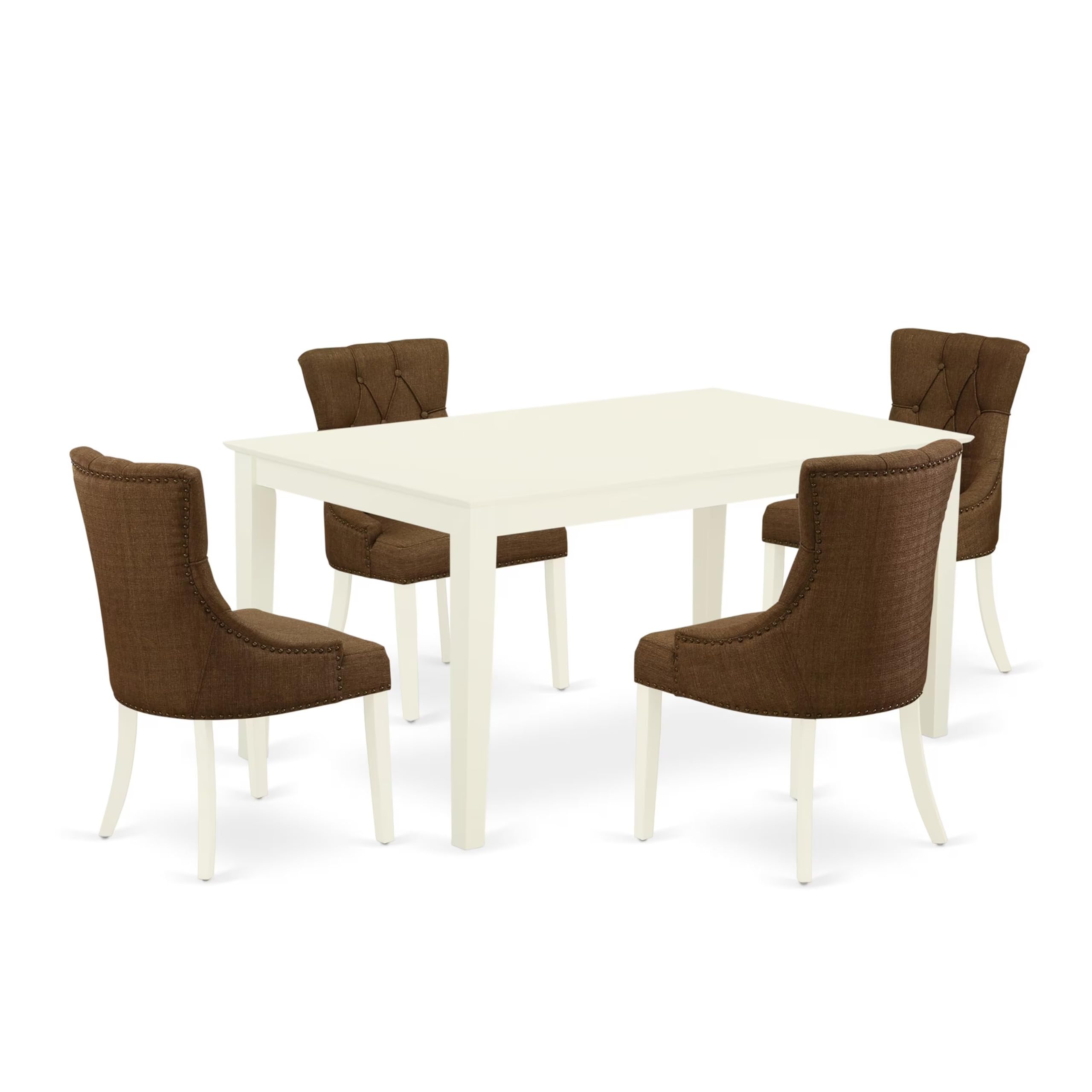 East West Furniture Cafr5-Lwh-18 5 Piece Modern Dining Table Set Includes A Rectangle Wooden Table And 4 Brown Linen Linen Fabric Upholstered Parson Chairs, 36X60 Inch, Linen White