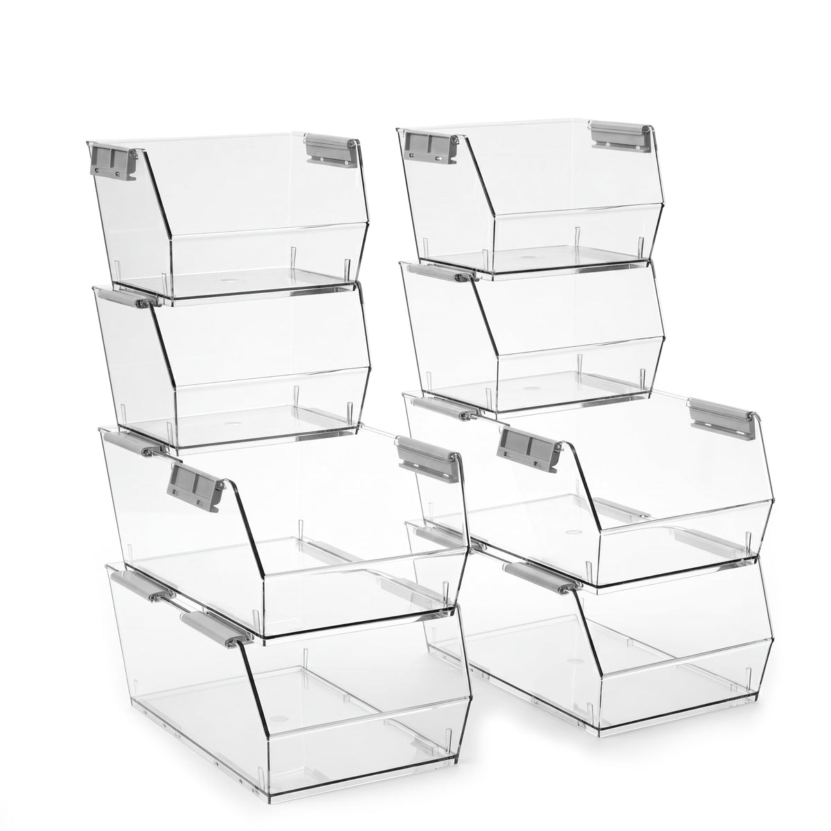 HOMESTEAD Set of 8 Stackable Storage Bins, 4 Large + 4 Small Clear Plastic Organizer Bins, Open Front Design for Kitchen Pantry,