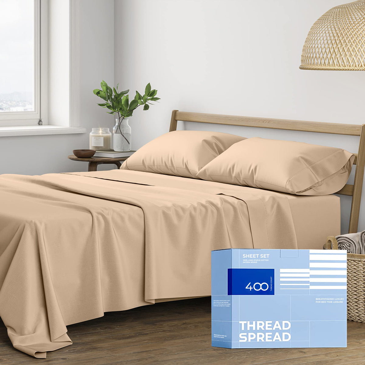 Thread Spread 400Tc California King 100% Cotton Bed Linen Set - 4Piece Sateen Sheet Set, Deep Pockets, Taupe (05)
