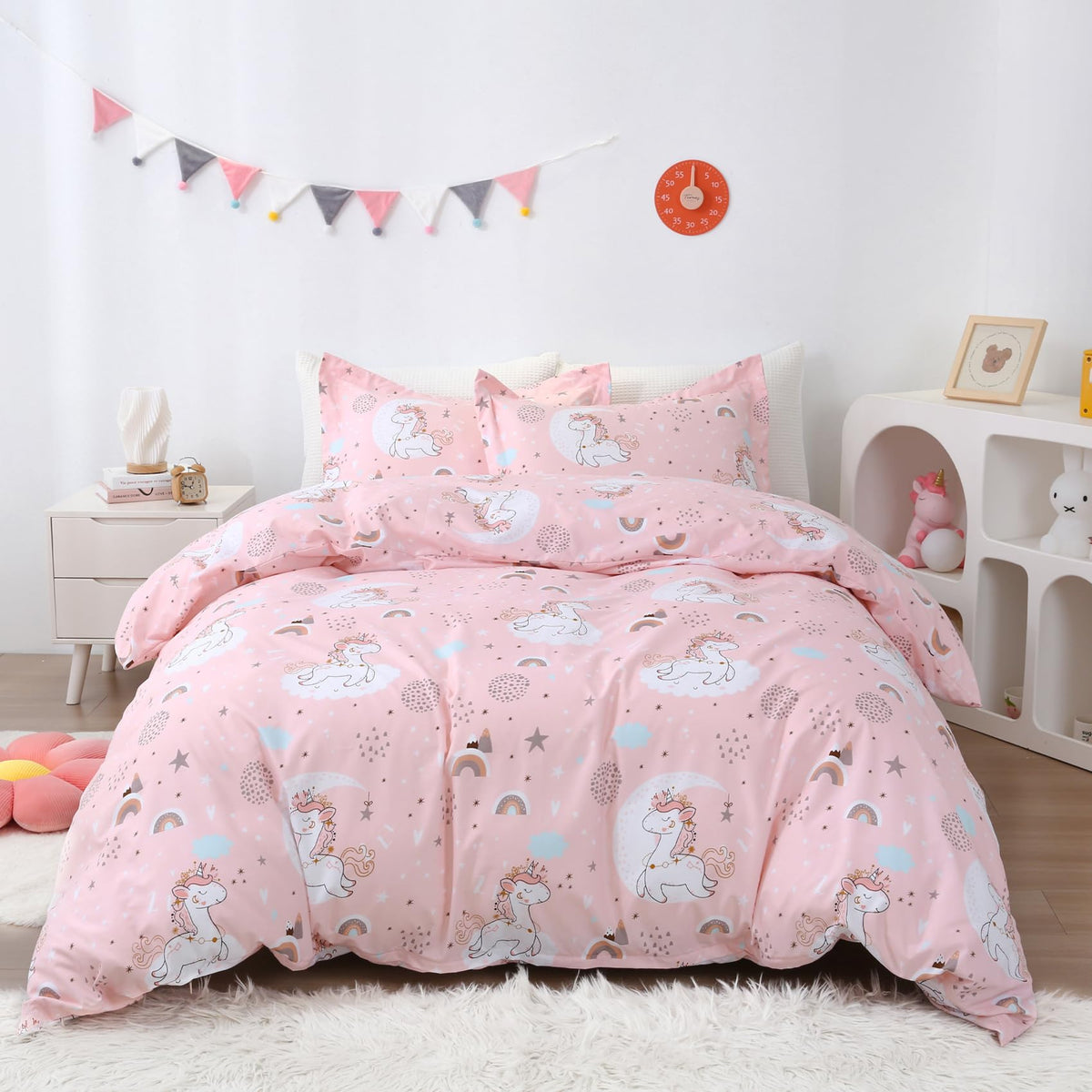 Jsd Pink Unicorn Kids Duvet Cover Set Twin Size, 2 Piece Girls Print Microfiber Comforter Cover With Pillow Sham Zipper Closure,