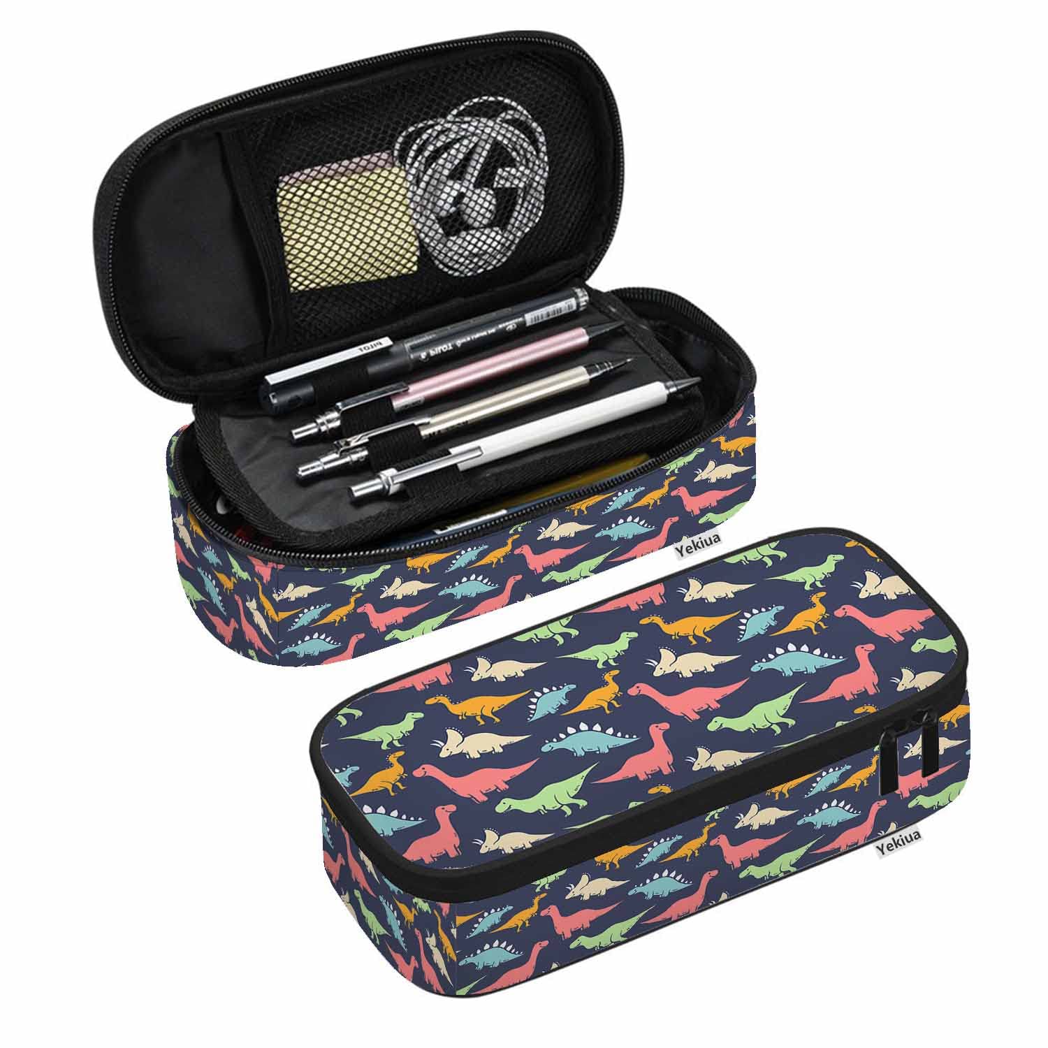 Yekiua Dinosaur Pencil Case Cartoon Dino Big Capacity Pencil Pouch Office College Makeup Bag Colorful