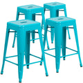 Flash Furniture Kai Commercial Grade 4 Pack 24 High Backless Crystal Teal-Blue Indoor-Outdoor Counter Height Stool