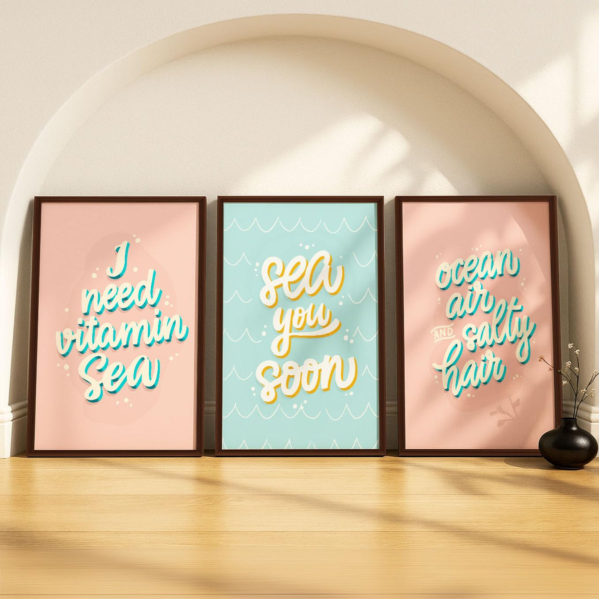 SoulAbiti Playful Pastel Beach Quotes set of 3 Framed Wall Print 12x18 inch Dark Brown Frame PlexiGlass Beach Art ready to hang