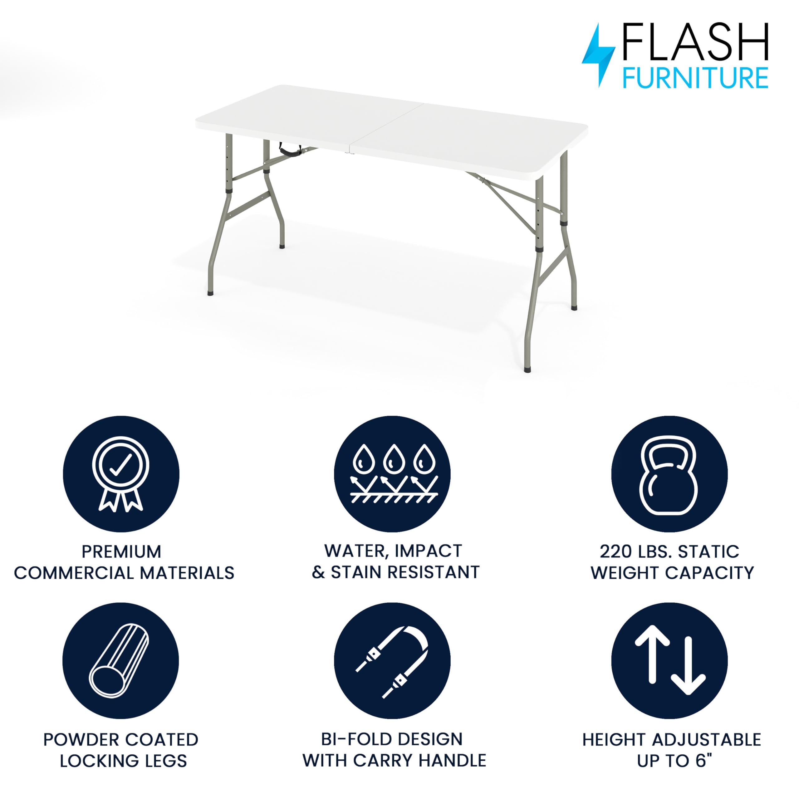Flash Furniture Kathryn 5' Rectangular Plastic Folding Event Table with Carrying Handle, Bi-Fold Portable Banquet Table for Indoor/Outdoor Events, White