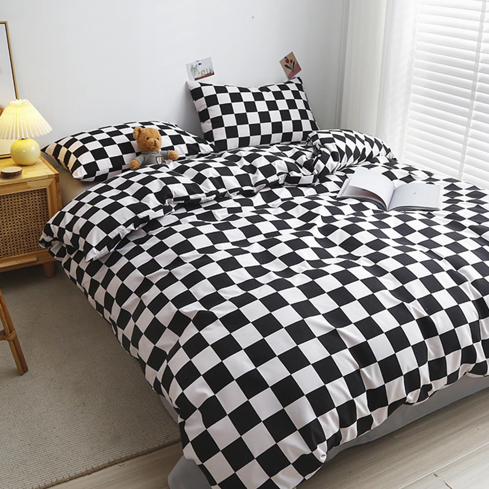 Clothknow Black White Plaid Queen Comforter Set 3Pcs Black White Bedding Comforter Sets Grid Queen Comforter Soft Checker Queen Size Comforter Sets