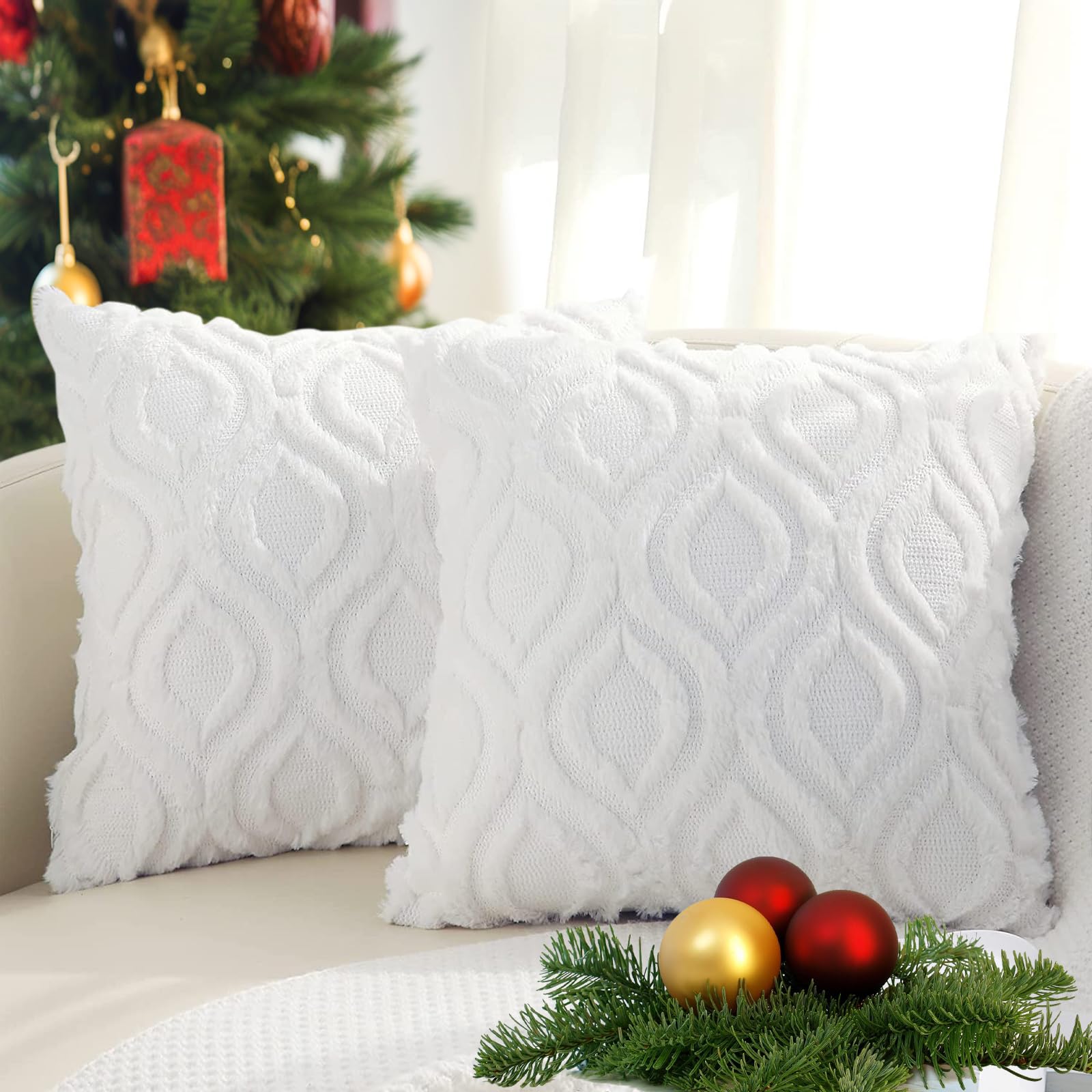 Decoruhome Christmas Decorative Throw Pillow Covers 26X26, Soft Plush Faux Wool Couch Pillow Covers For Home, Set Of 2, White