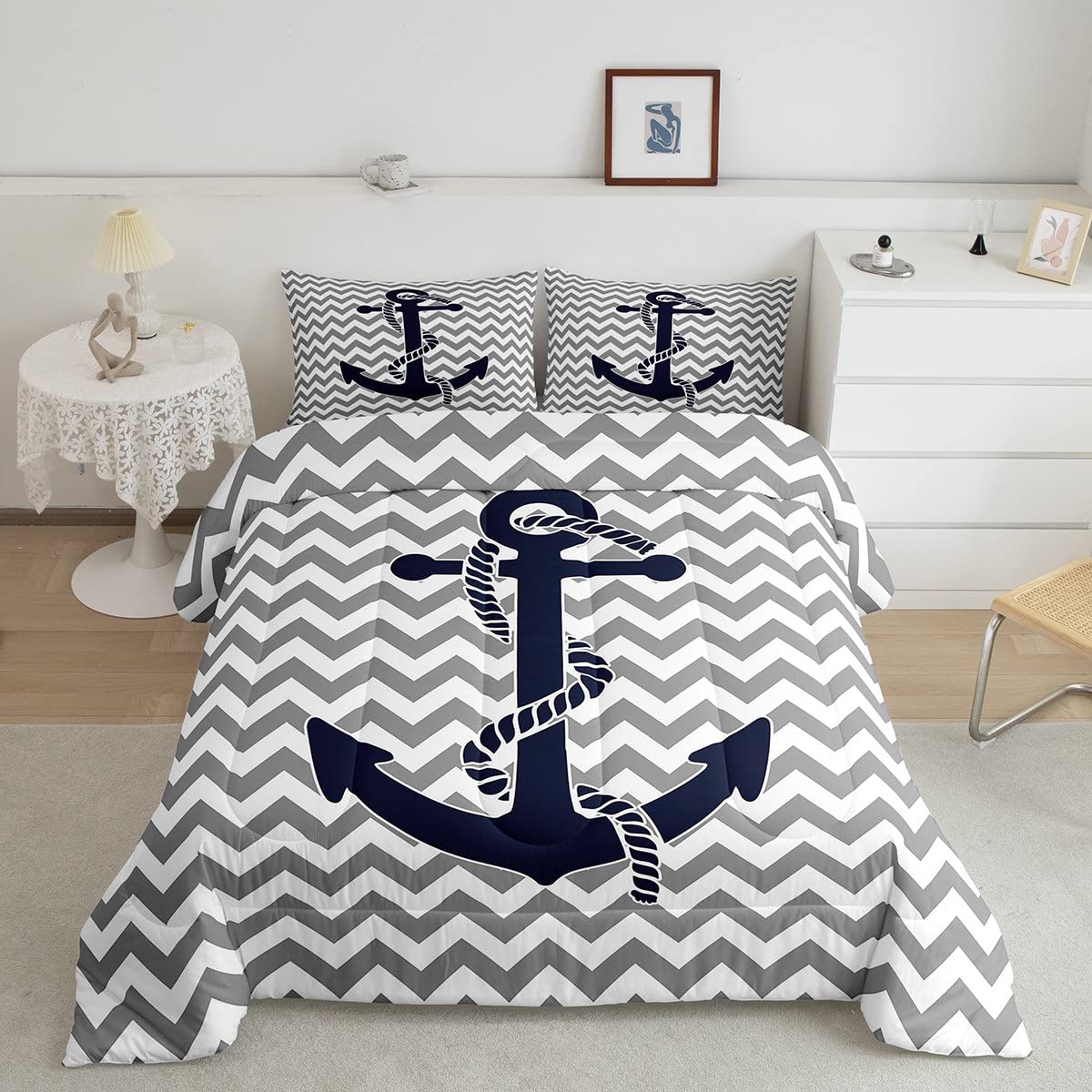Nautical Anchor Comforter Set Queen Size,Geometric Gray Stripe Bedding Set 3Pcs For Kids Teens Adults Room Decor,Ocean Adventure