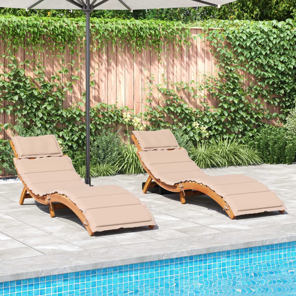 vidaXL Acacia Wood Sun Loungers - Beige Patio/Garden/Outdoor Recliners with Cushions (2 pcs), Foldable & Slatted Design, Weather Resistant