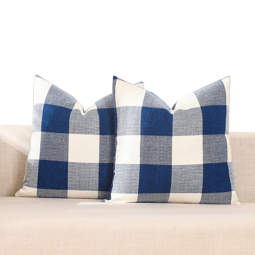 Carrie Home Navy Blue And White 20X20 Outdoor Throw Pillow Covers Set Of 2 Buffalo Plaid Farmhouse Pillow Covers 20 X 20 Inches,