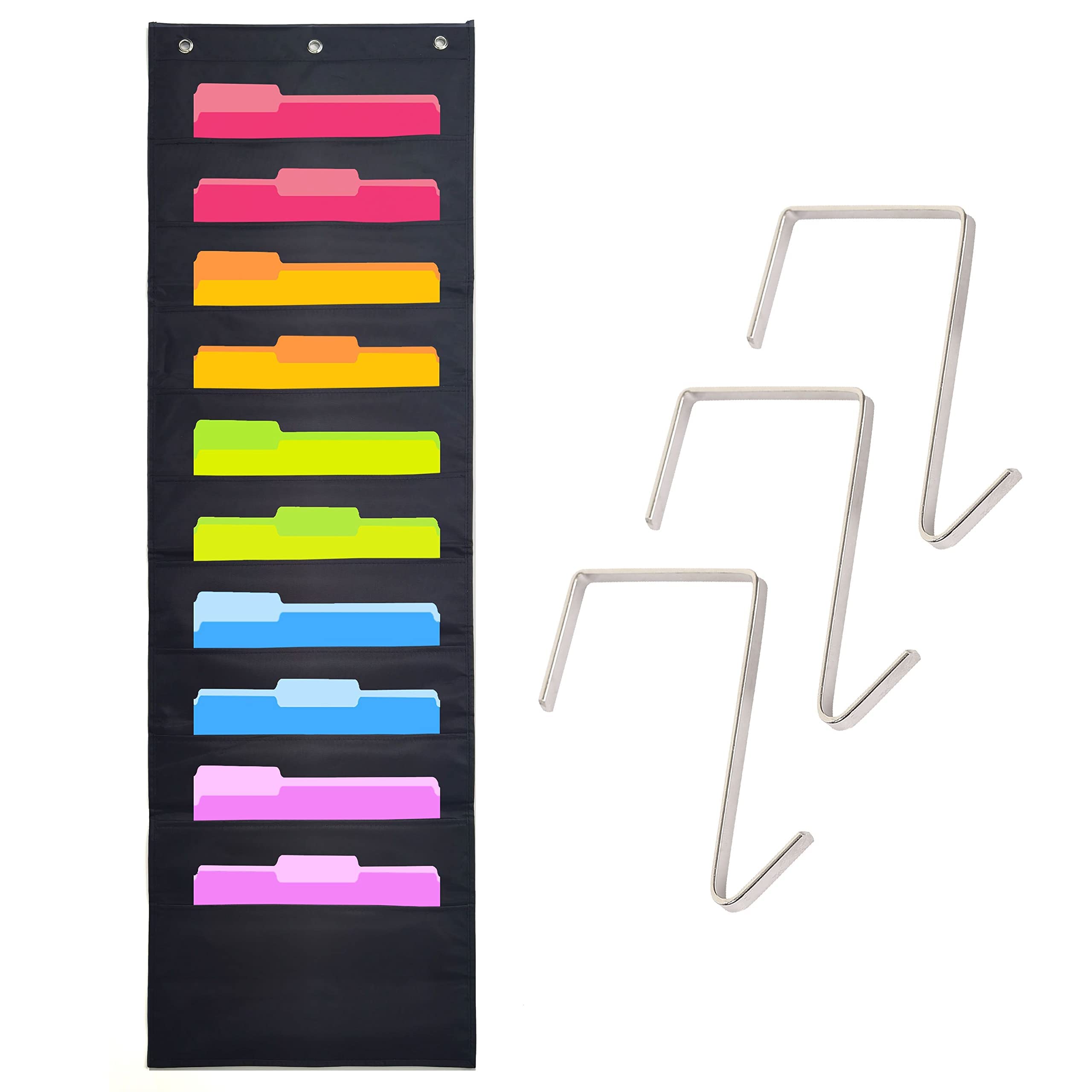 Black Pocket Chart For Classroom - 10 Pocket Storage Rainbow Pocket Charts , 2 Over Door Hangers Included, Hanging Wall File Org