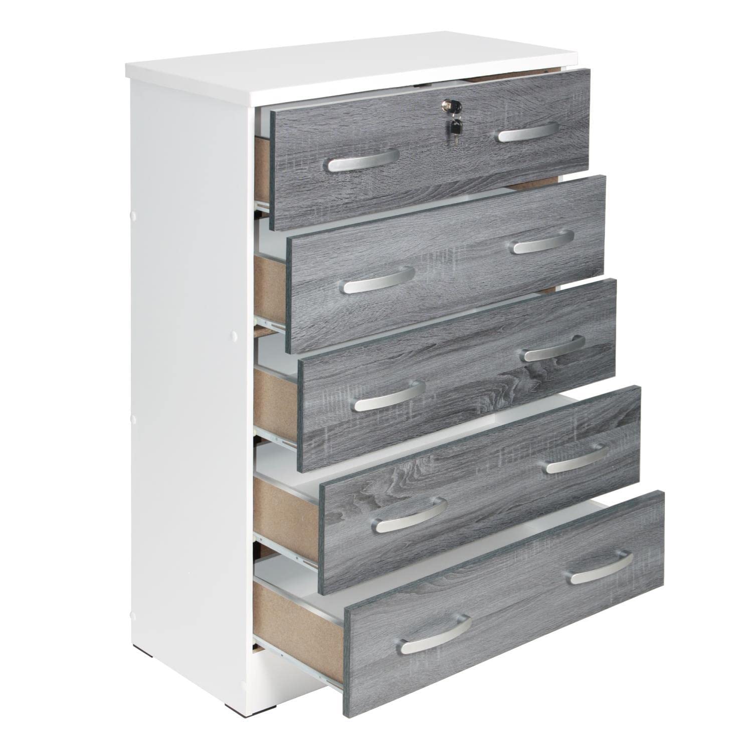 Better Home Products Cindy 5 Drawer Chest Wooden Dresser with Lock in White/Gray