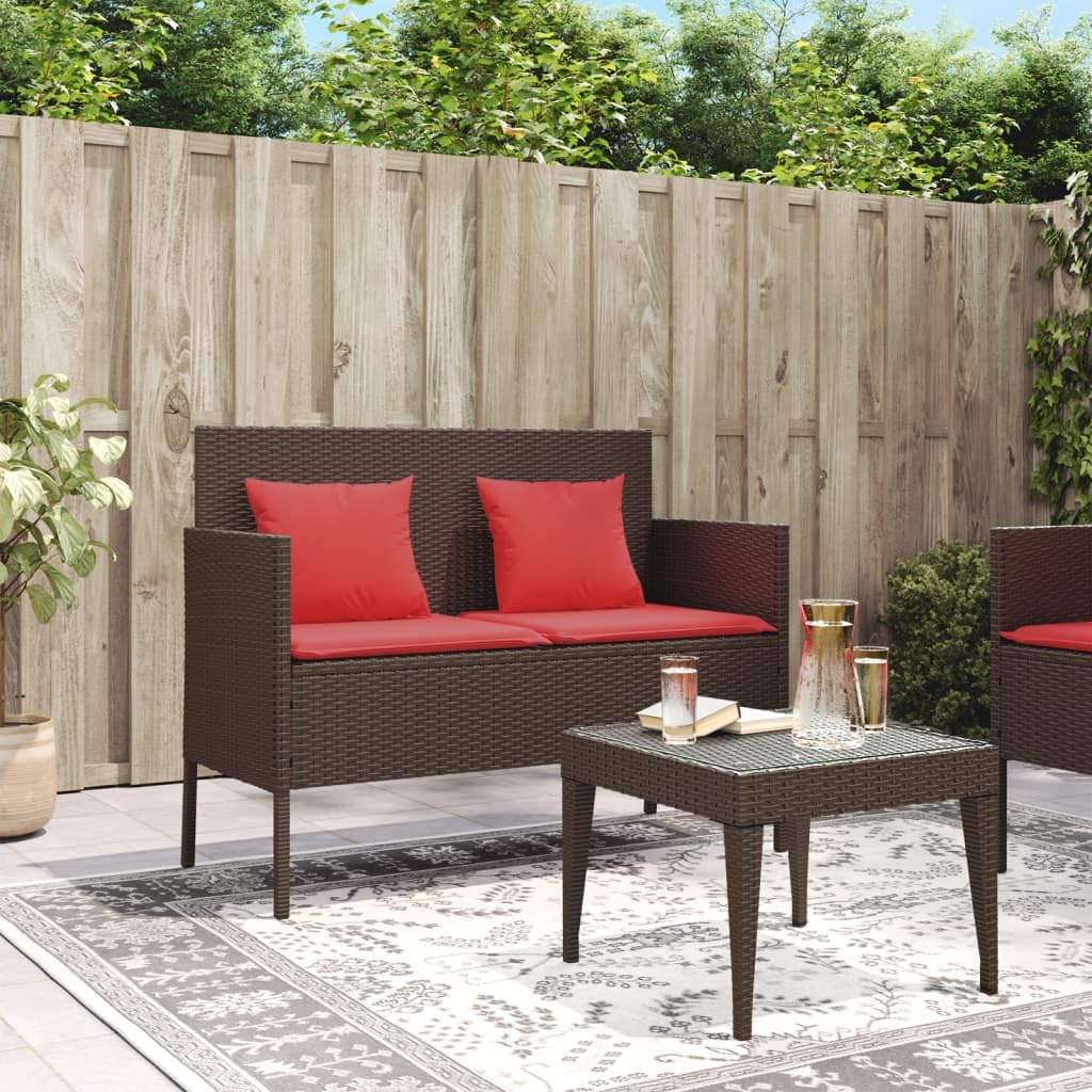 vidaXL Outdoor Loveseat Patio Bench - Brown Poly Rattan with Red Cushions, Comfortable Seating & Storage, 44.5" Width, Modern Style