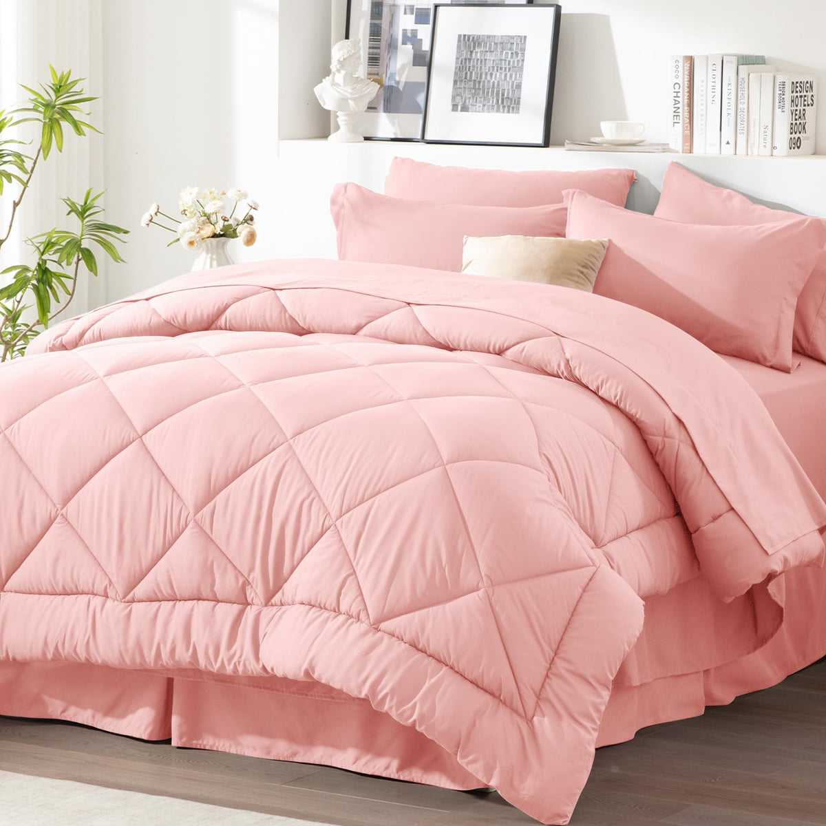 Newspin Queen Bed In A Bag 8 Pieces Comforter Set, Pink All Season Bed Set, Queen Bedding Sets With Comforter And Sheets, Pillow