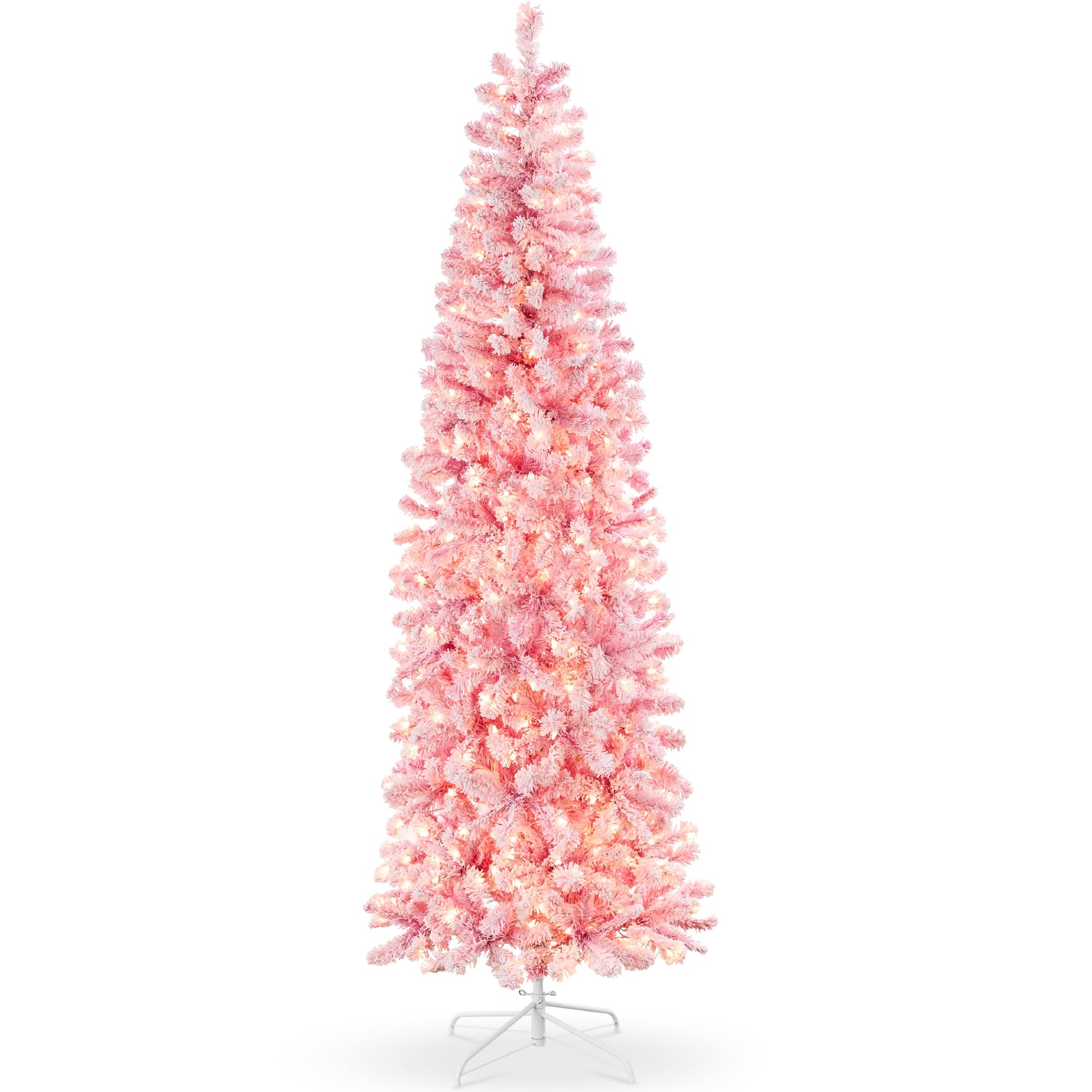 Best Choice Products Flocked Pink Pencil Christmas Tree, Pre-Lit Slim Artificial Holiday Decoration, 6ft Lighted Skinny w/Base, 