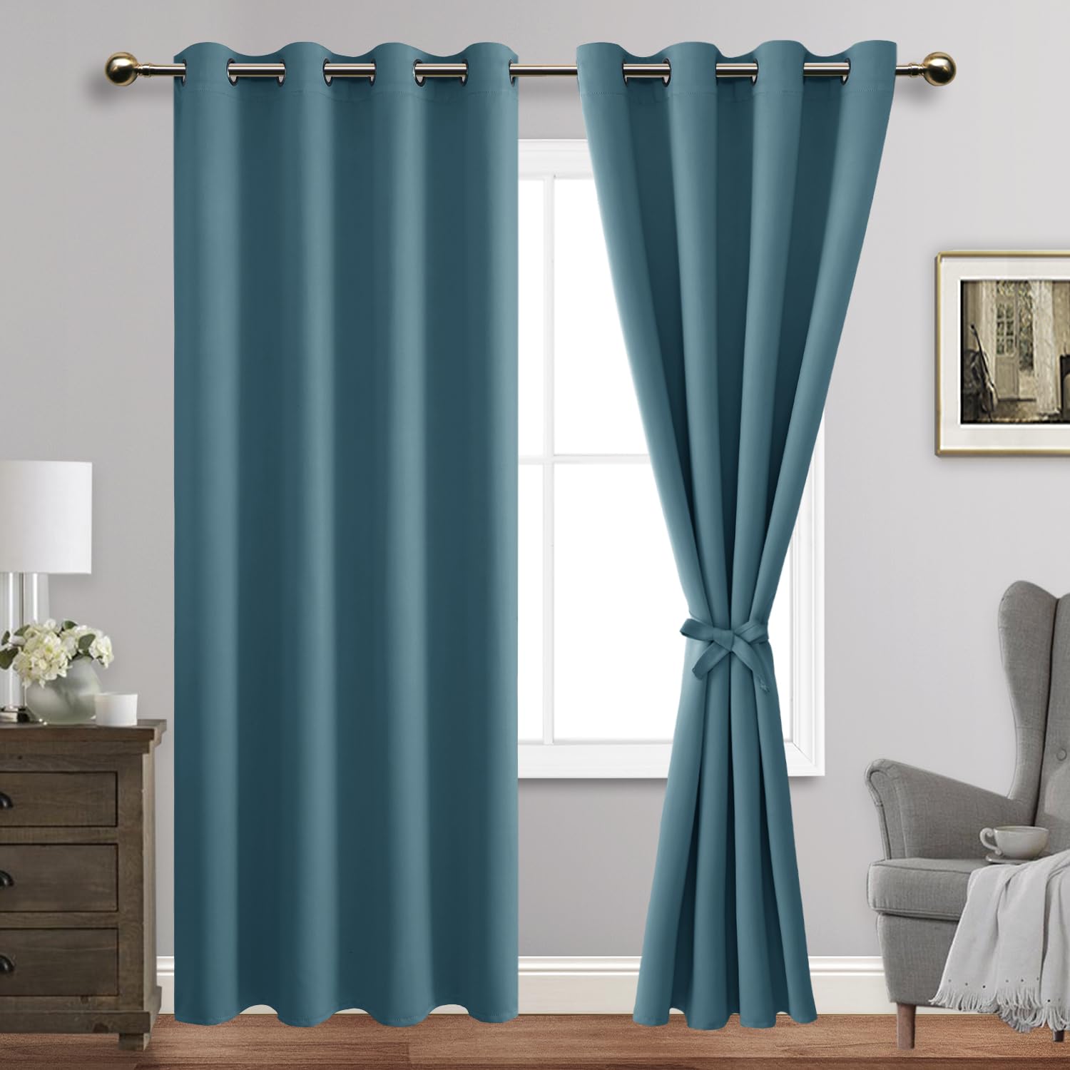 Jiuzhen Stone Blue Blackout Curtains With Tiebacks Thermal Insulated, Light Blocking And Noise Reducing Grommet Curtains For And Living Room, Set Of 2 Window Curtain Panels, 52 X 84 Inch Length