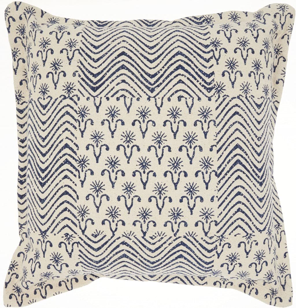 HomeRoots 100% Cotton Indigo and Ivory Floral Waves Throw Pillow