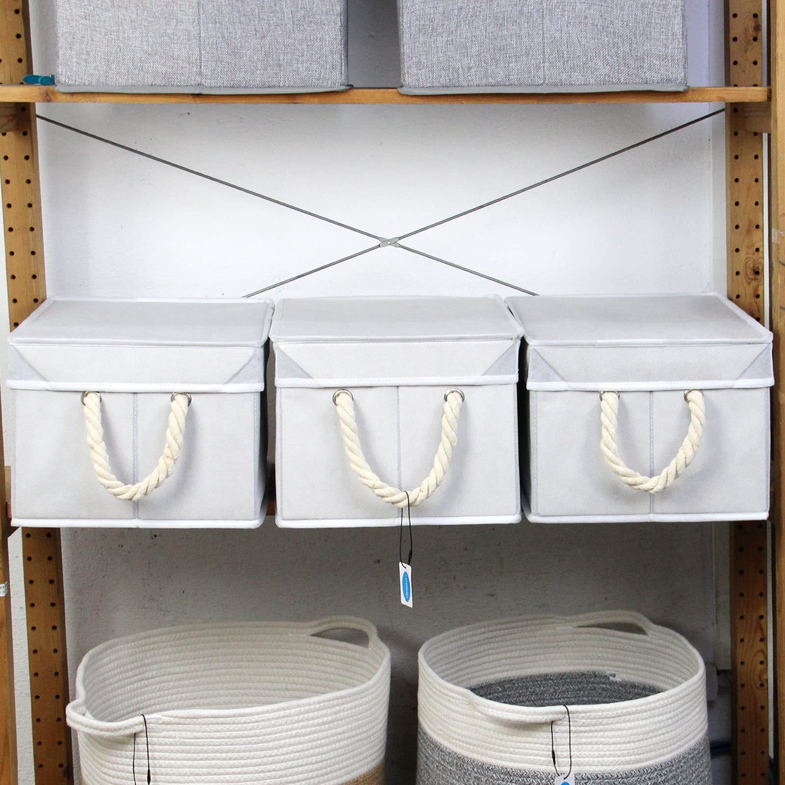 Casaphoria 3Pcs Cube Collapsible Fabric Storage Bins With Rope Handles,Thicker Foldable Rectangular Canvas Storage Box With Lid