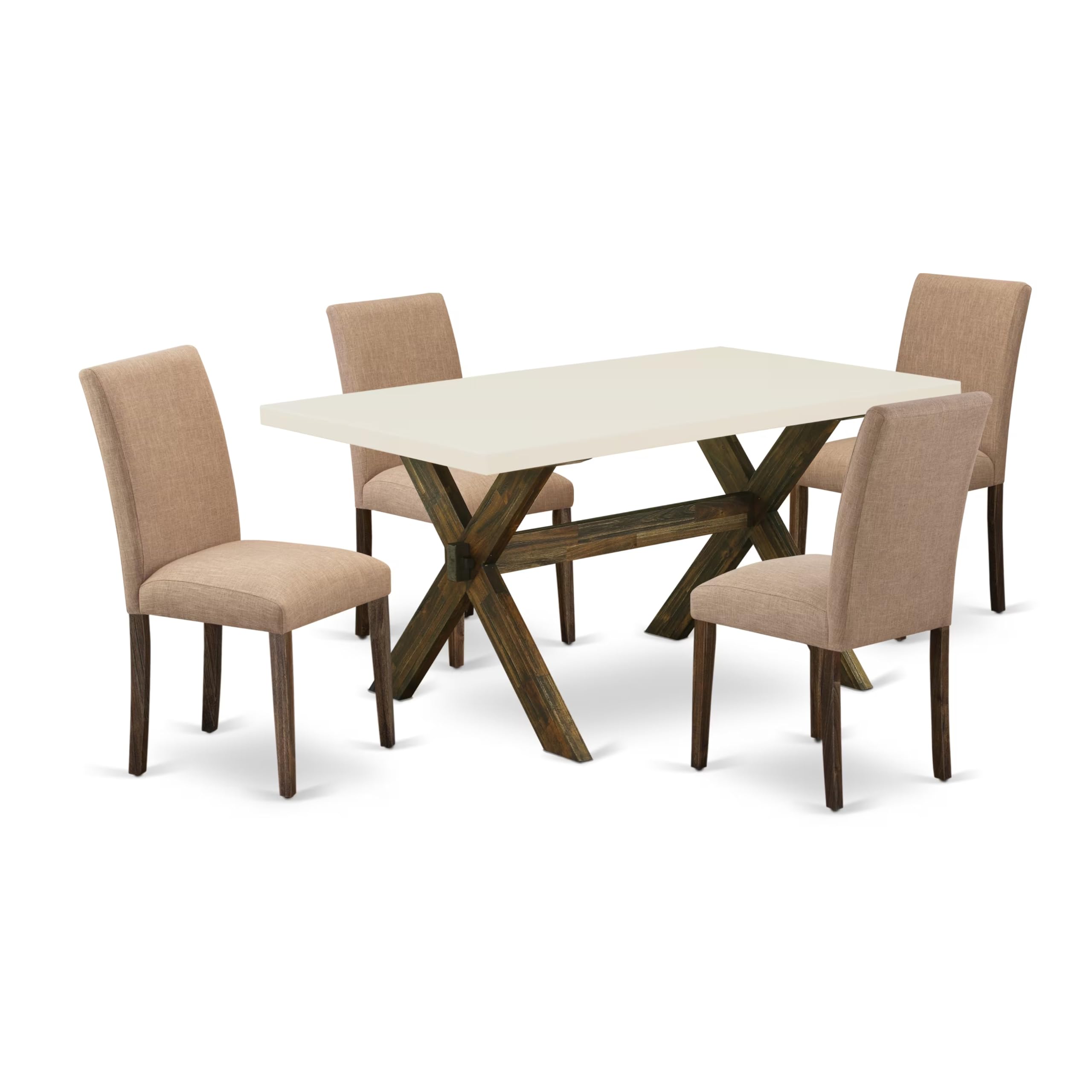 East West Furniture X726Ab747-5 5 Piece Modern Dining Table Set Includes A Rectangle Wooden Table With X-Legs And 4 Light Sable Linen Fabric Upholstered Chairs, 36X60 Inch, Multi-Color