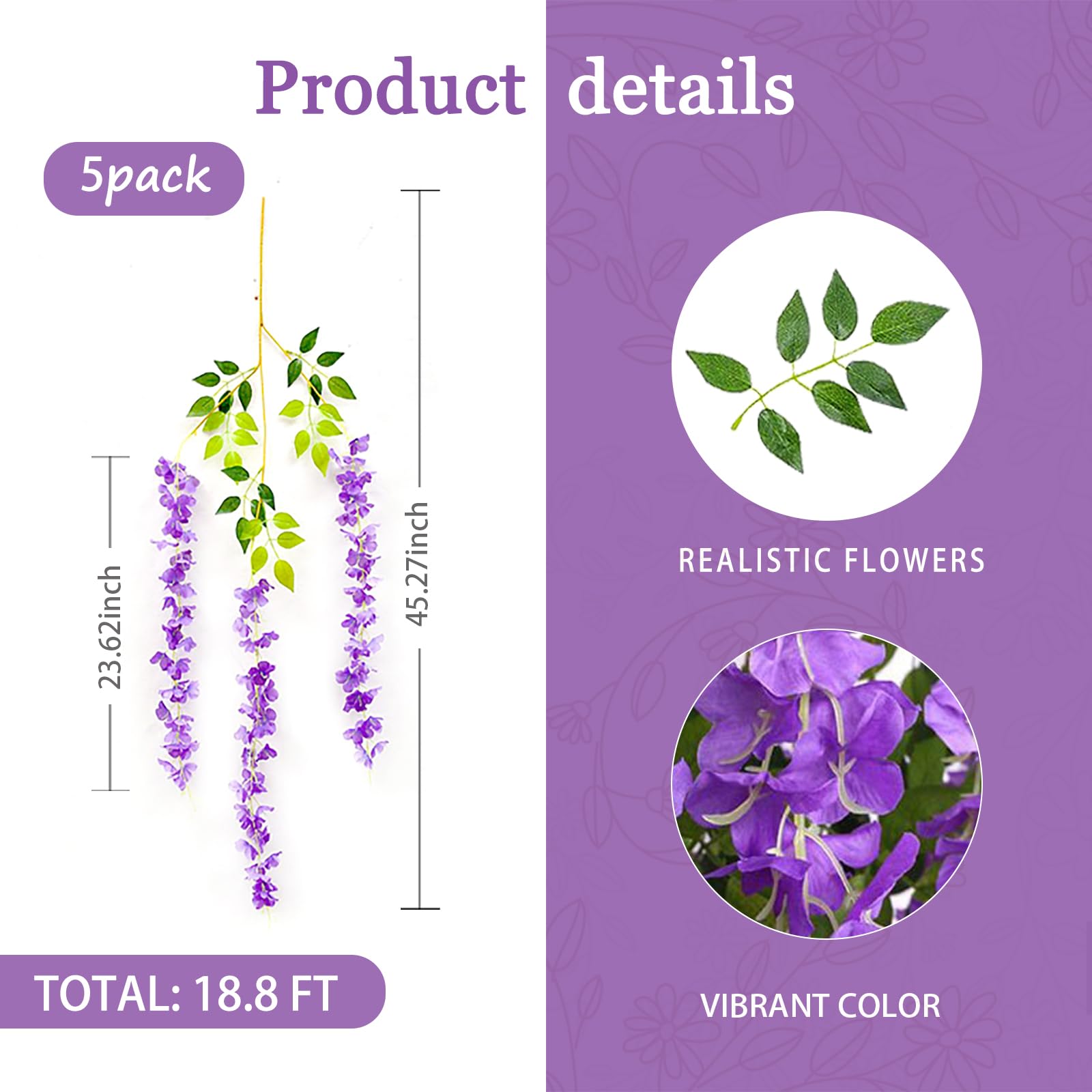 5 Pack Purple Flower Vines, Purple Wisteria Hanging Flowers, Fake Purple Wisteria, 3.77 Feet Purple Artificial Wisteria Flowers,
