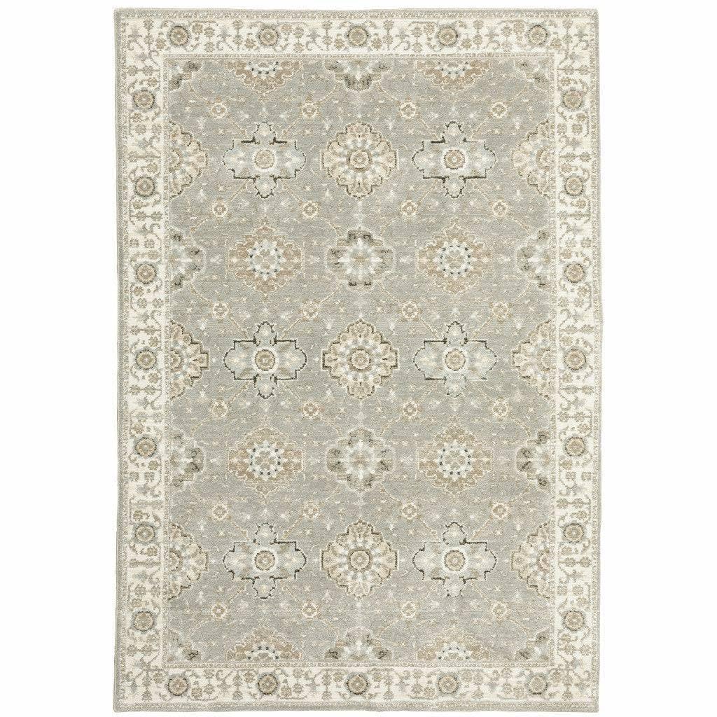HomeRoots 510106 9 x 12 ft. Gray Ivory Tan Brown & Gold Oriental Power Loom Stain Resistant Rectangle Area Rug