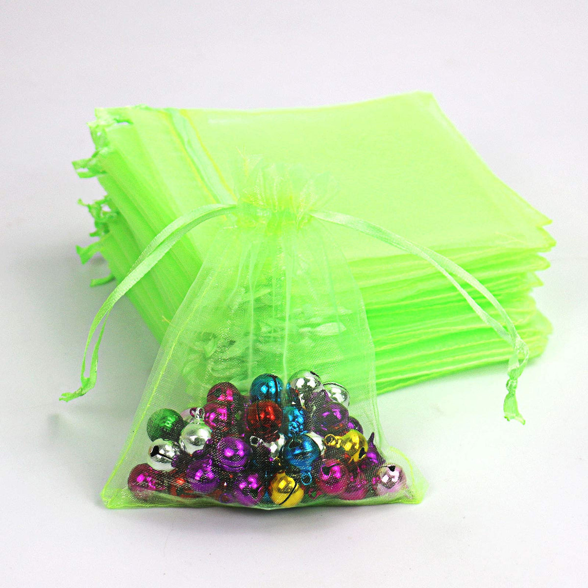 Lautechco 100Pcs Organza Bags 6X8 Inches Light Green Organza Gift Bags Small Mesh Bags Drawstring Gift Bags Christmas Drawstring