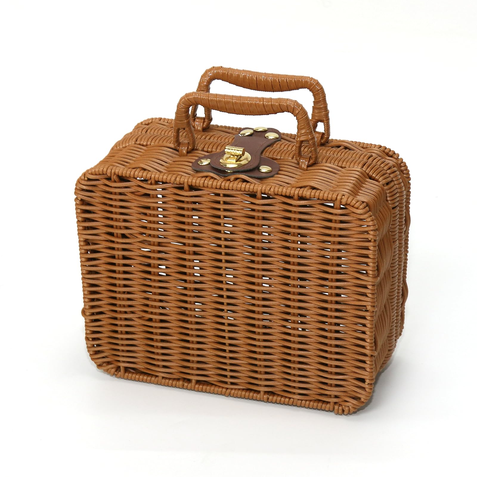 Wicker Picnic Basket, Decorative Prop Suitcase Vintage Storage Hamper Makeup Organizer, Metal Lock Rattan Storage Box With Handl