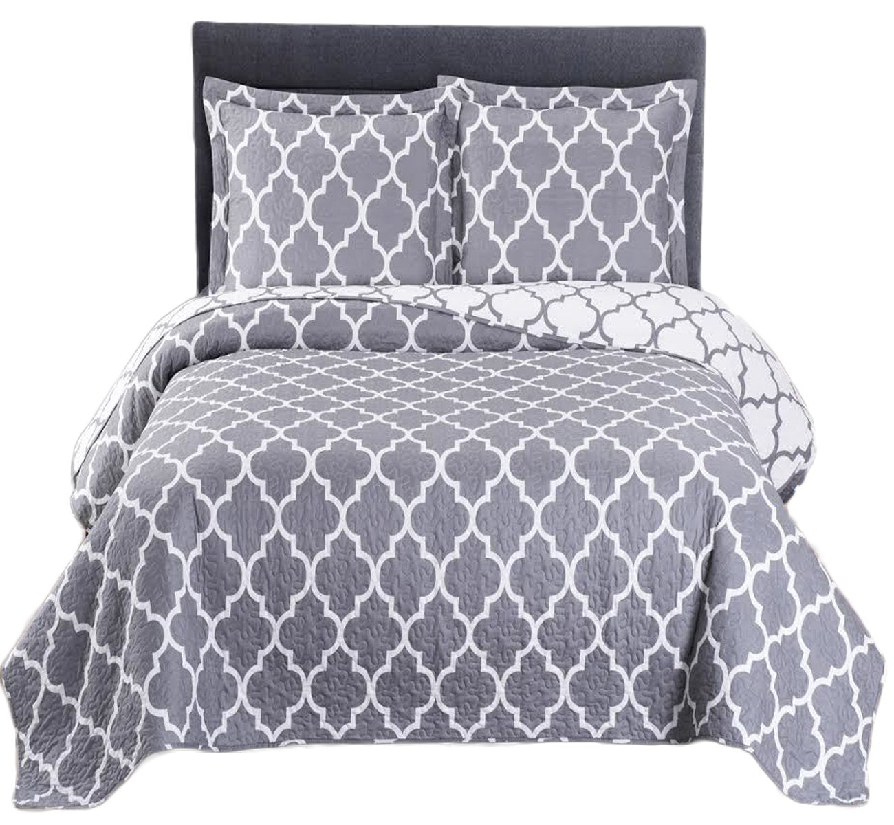 Royal Tradition Meridian-Grey Reversible Coverlets, King Over-Sized 3Pc Quilt Set (110-Inch Wide X 96-Inch Long) Lightweight Bed