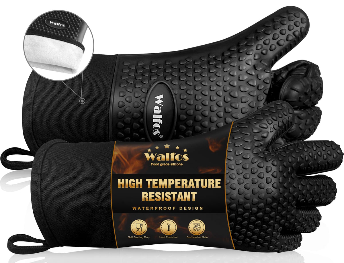 Walfos Silicone Bbq Gloves - Heat Resistant Grilling Gloves, Premium Non-Slip Kitchen Silicone Oven Mitt With Protective Cotton