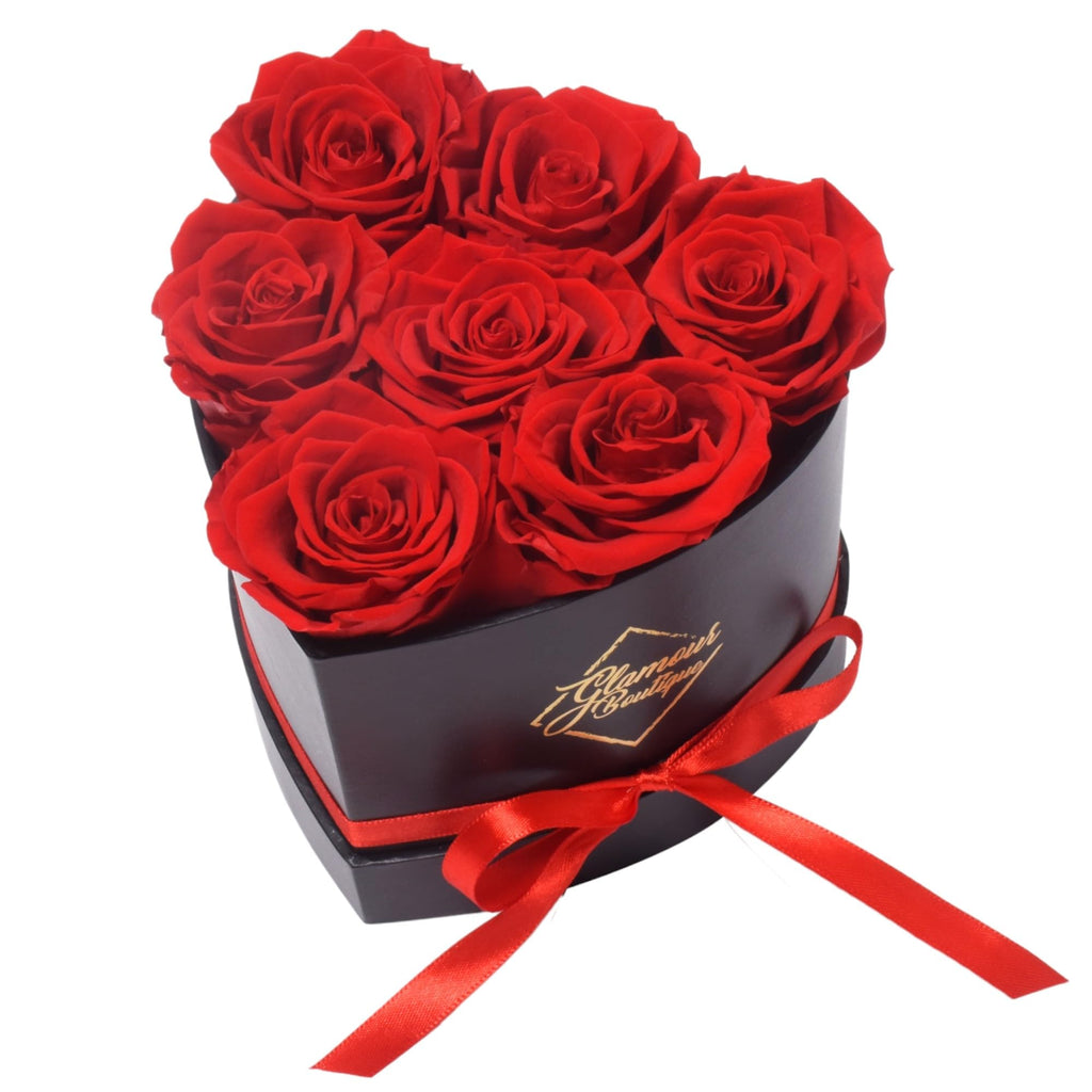 Glamour Boutique 7-Piece Forever Flowers Heart Shape Box - Preserved Roses, Immortal Roses That Last A Year - Eternal Rose Prese