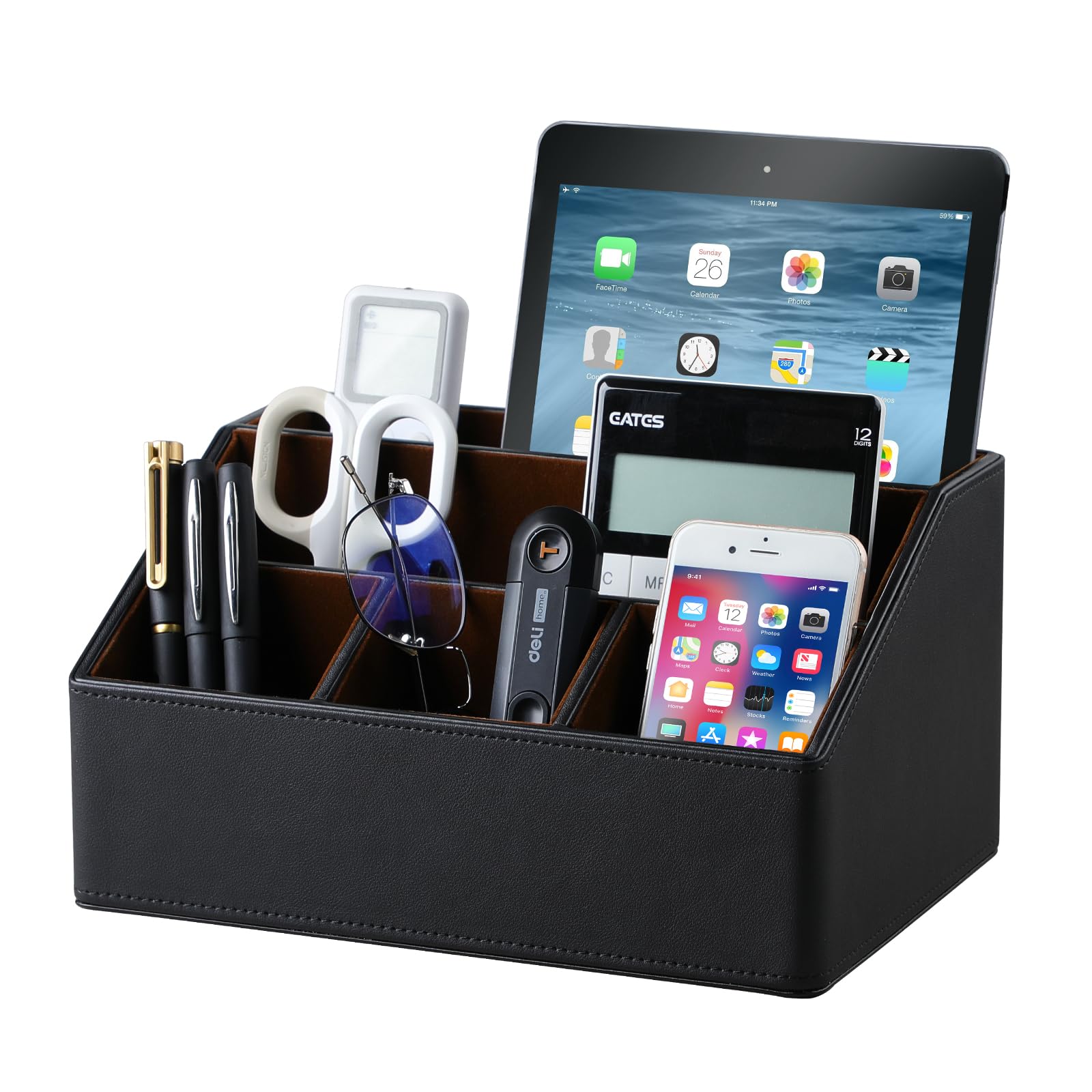Cretkhp Pu Leather Desk Organizer, Multifunctional Storage Box With 5 Compartments, Office Accessories Pen Pencil Business Name