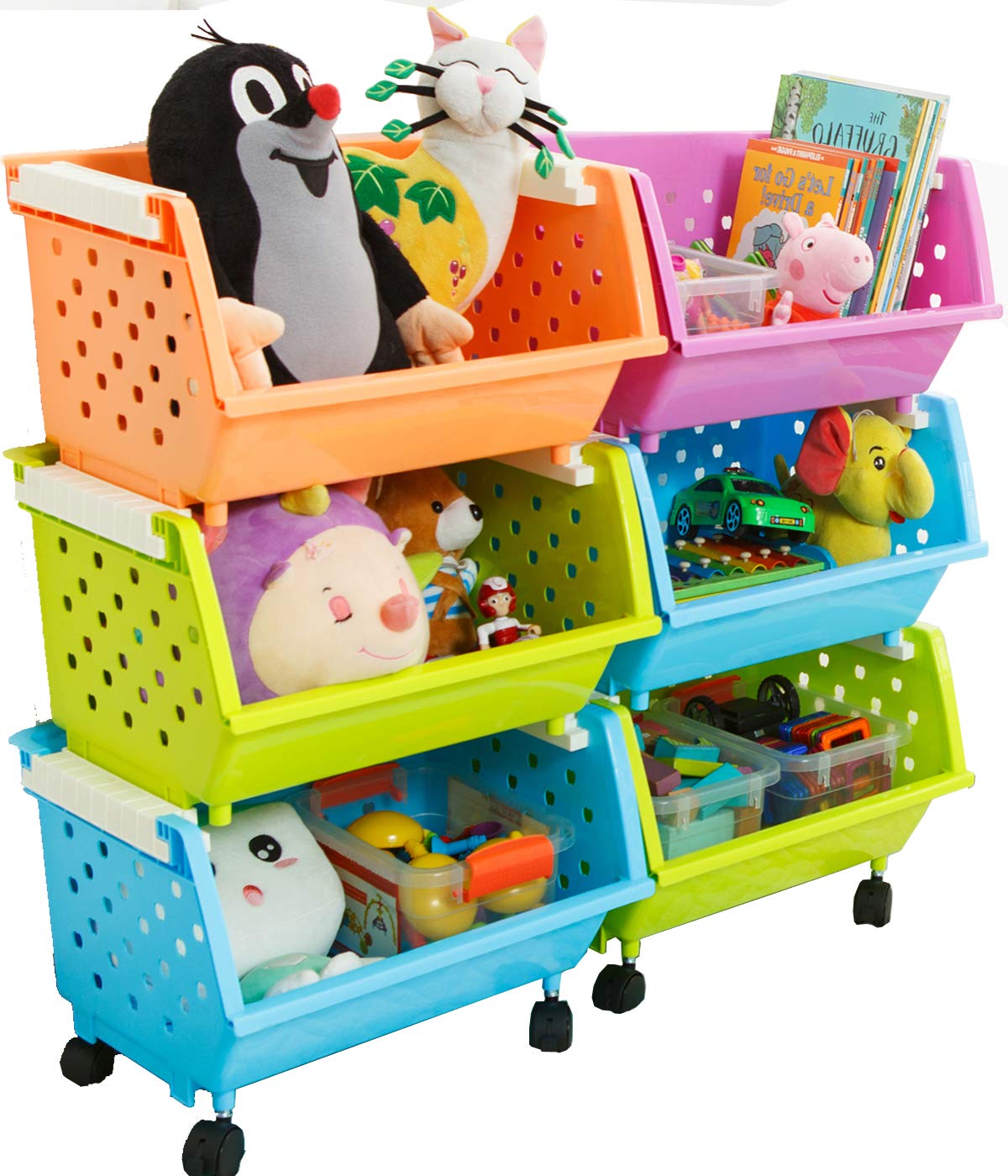 Magdesigner Kids' Toys Chest Large Baskets Storage Bins Organizer With Wheels Can Move Everywhere Natural/Primary (Primary Collection) (6 Baskets Choose)