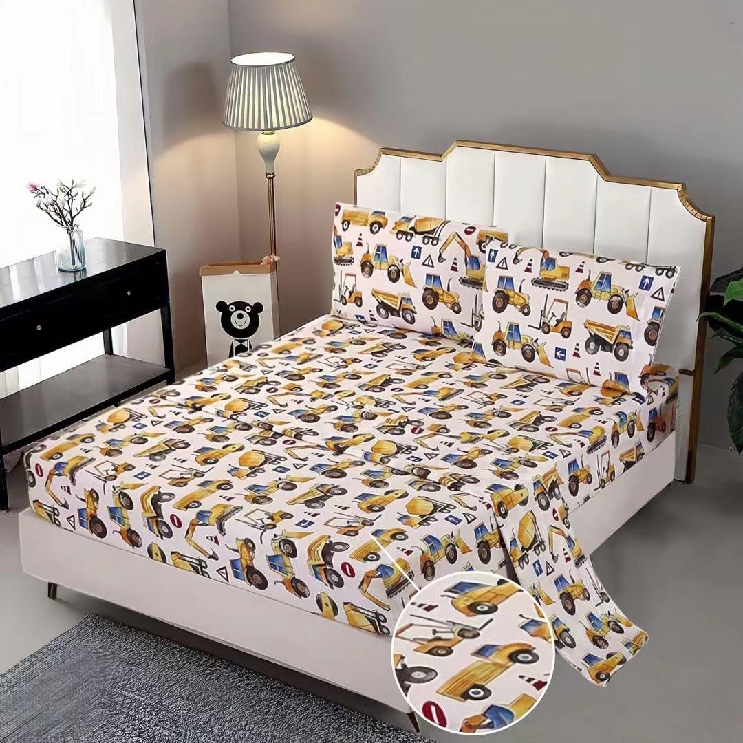 SDY 4PCS Car Bedding Sheets Twin Size, Construction Print Sheet Set Included 1 Fitted Sheet with 14'' Deep Pocket + 1 Top Flat S