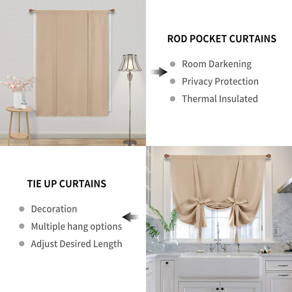 Dwcn Blackout Curtains-Tie Up Shade For Window Thermal Insulated Room Darkening Rod Pocket Curtains For Kitchen, Beige, W42 X L6