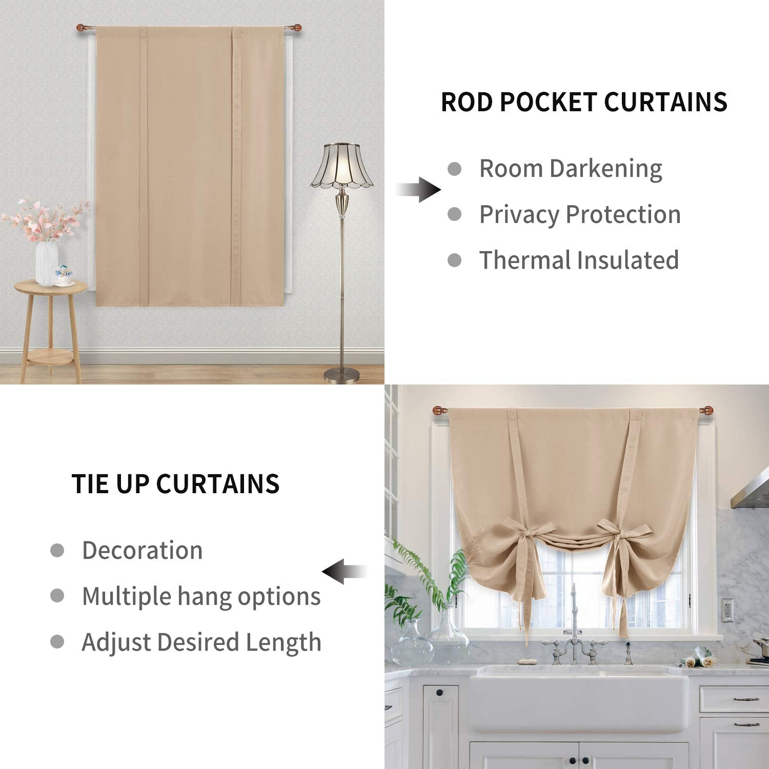 Dwcn Blackout Curtains-Tie Up Shade For Window Thermal Insulated Room Darkening Rod Pocket Curtains For Kitchen, Beige, W42 X L6