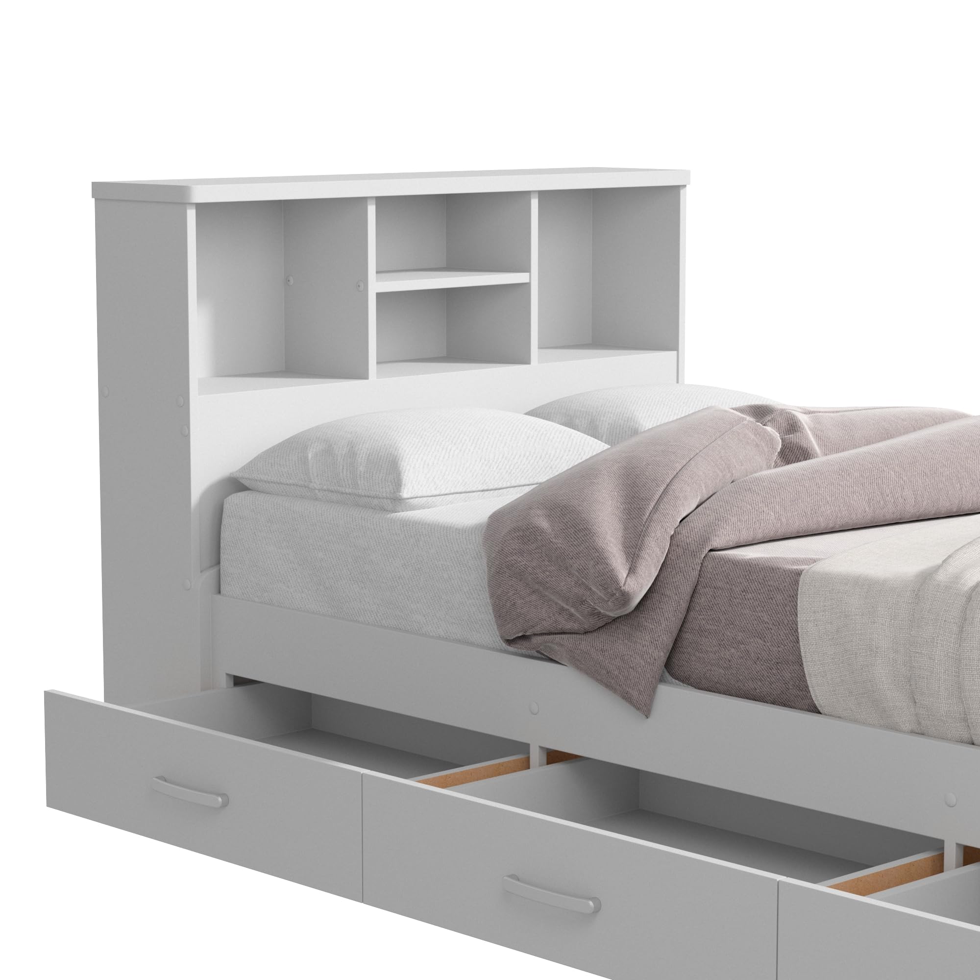 Bed with 3 Drawers and Bookcase Headboard (White, Twin)