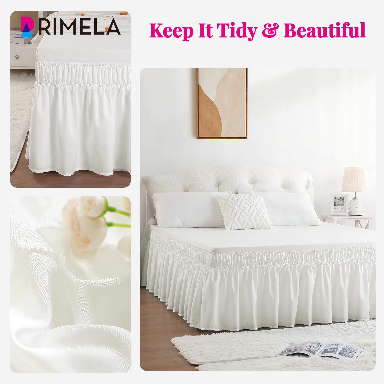 Rimela Bed Skirt Wrap Around Elastic Dust Ruffles Solid Color Wrinkle And Fade Resistant With Adjustable Elastic Belt Easy To In