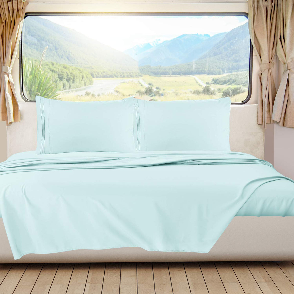 Nestl Light Blue Rv Queen Sheets - Super Soft Rv Short Queen Sheets For Rv Camper, 6 Piece 1800 Microfiber Fitted Rv Sheets, Dou