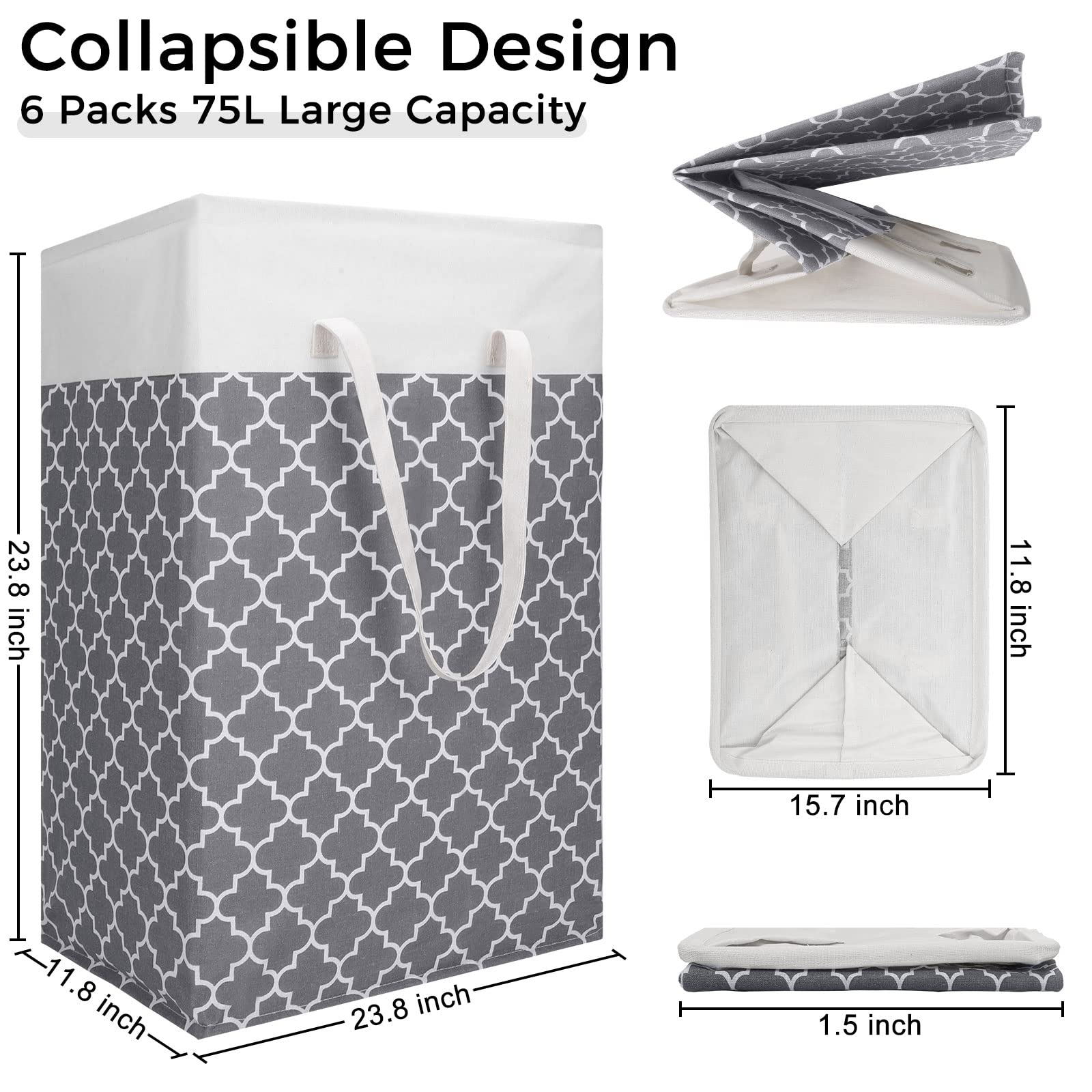 6 Pack Laundry Hamper 75L Collapsible Laundry Baskets With Long Handles Freestanding Dirty Clothes Hamper Waterproof Foldable La
