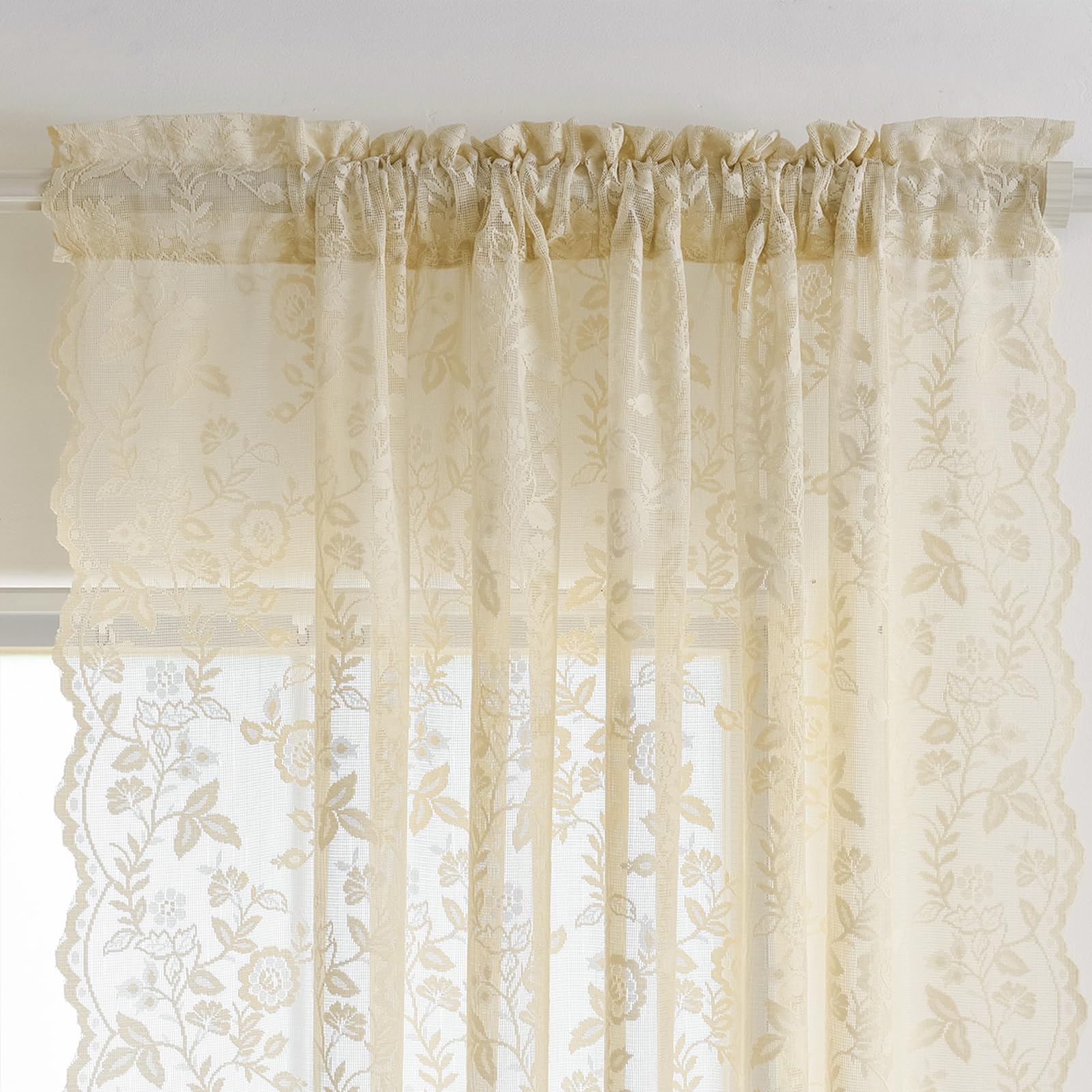 Finecity Beige Lace Curtains 80 Inches Long For Living Room Bedroom, 2 Panels Rustic Leaf Floral Vintage Sheer Lace Curtains, Ro