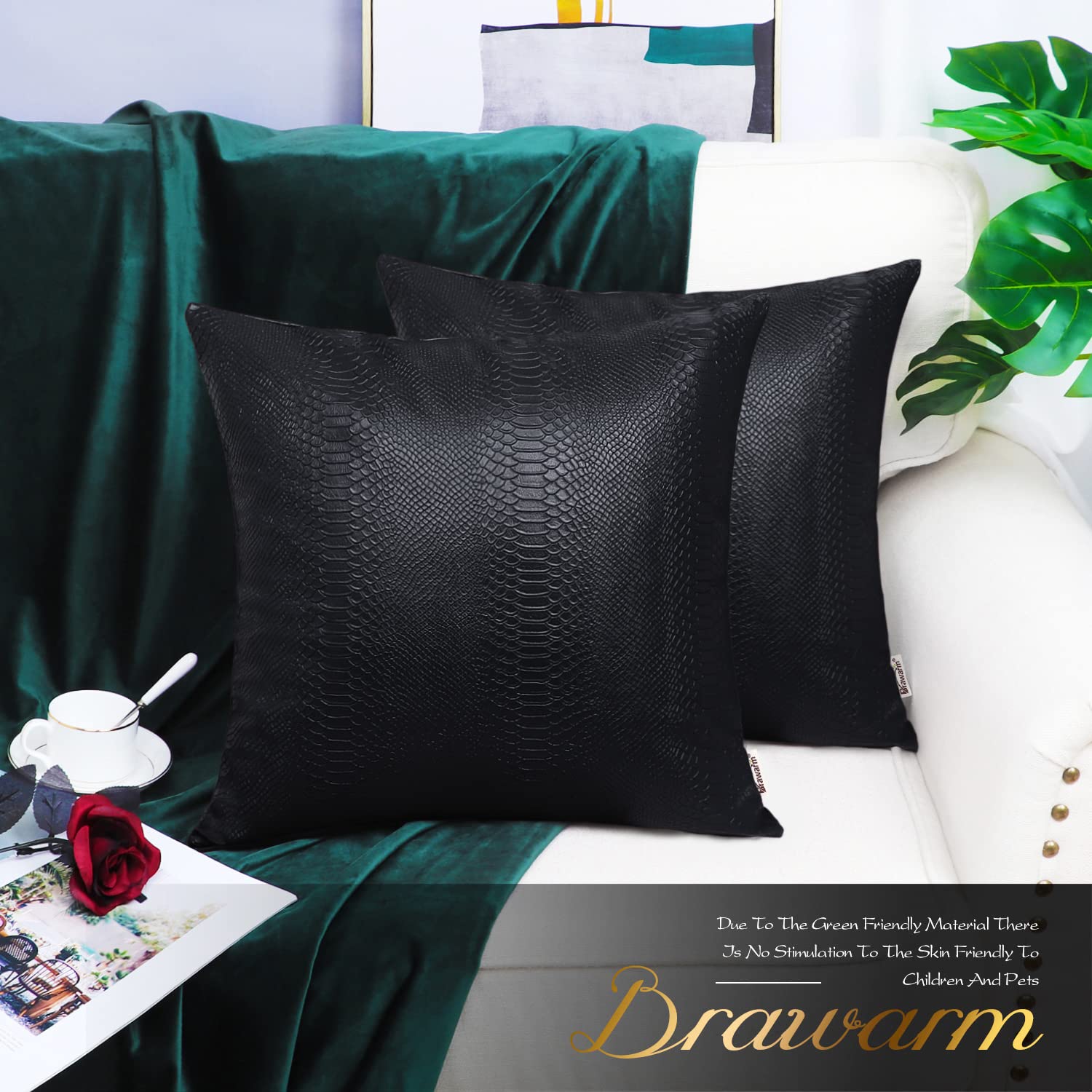 Brawarm Black Leather Throw Pillows 16 X 16 Inches, Snake Leather Pillow Covers Pack Of 2, Faux Leather Decorative Pillow Covers