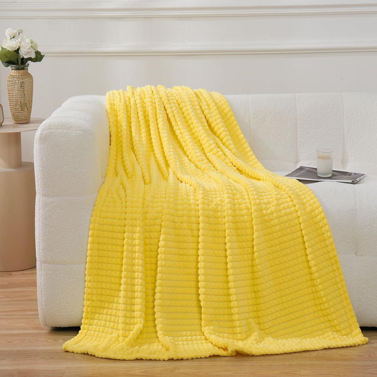 Puncuntex Flannel Fleece Throw Blanket Bright Yellow 60''  80'',Super Soft Plush Cozy Blanket With Square Grid Design Luxury For