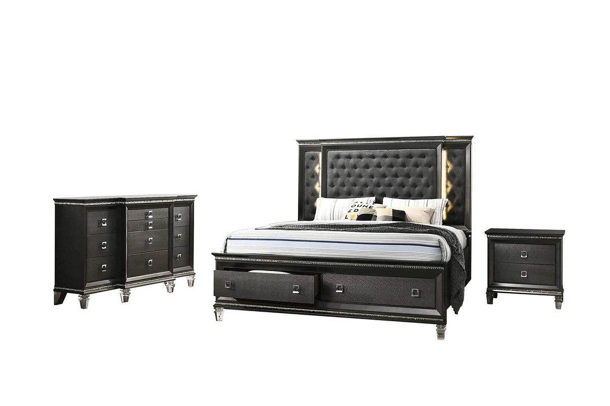 Best Quality Furniture Bellagio 3Pc California King Bed + Dresser + Nightstand, Metallic Gray