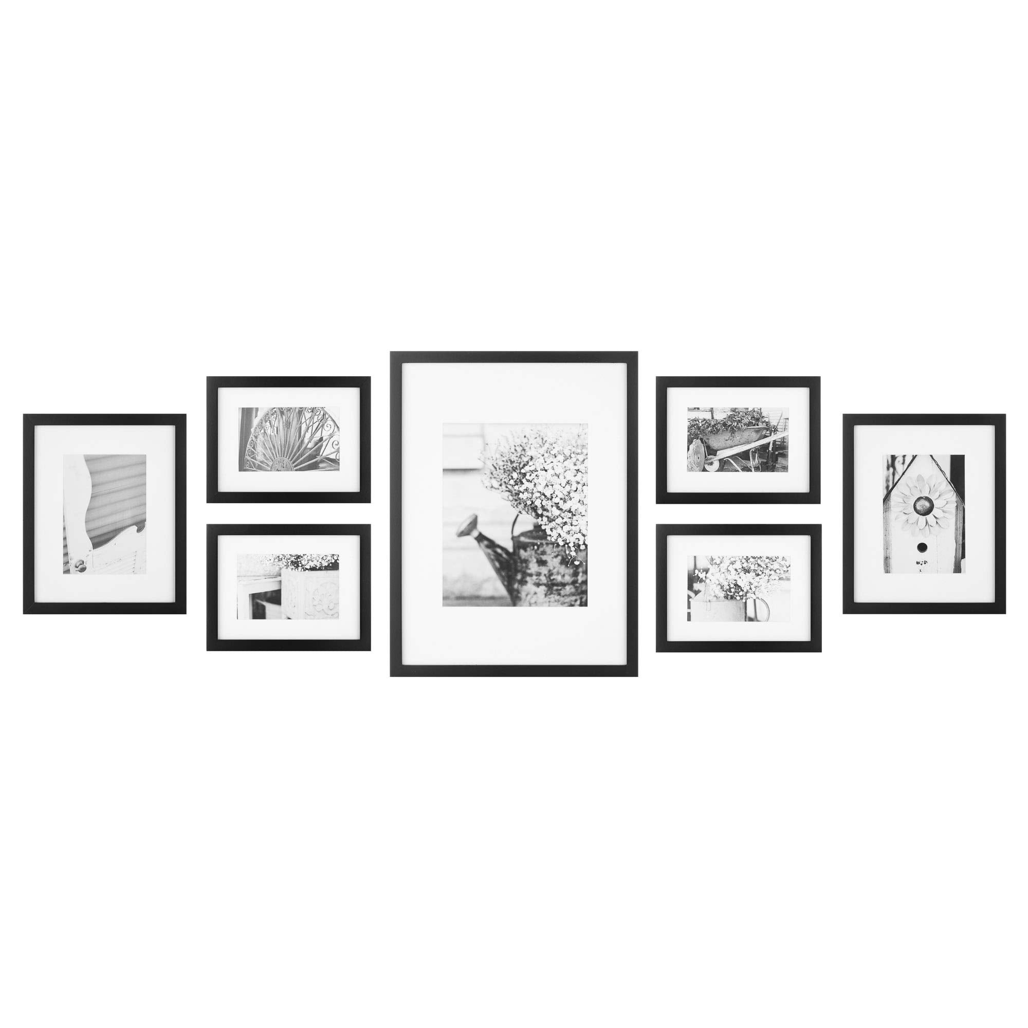 Gallery Perfect - 7-Piece Black Wall Frame Set - Kit with Decorative Art Prints - Hanging Template - Easy Installation Frame - M