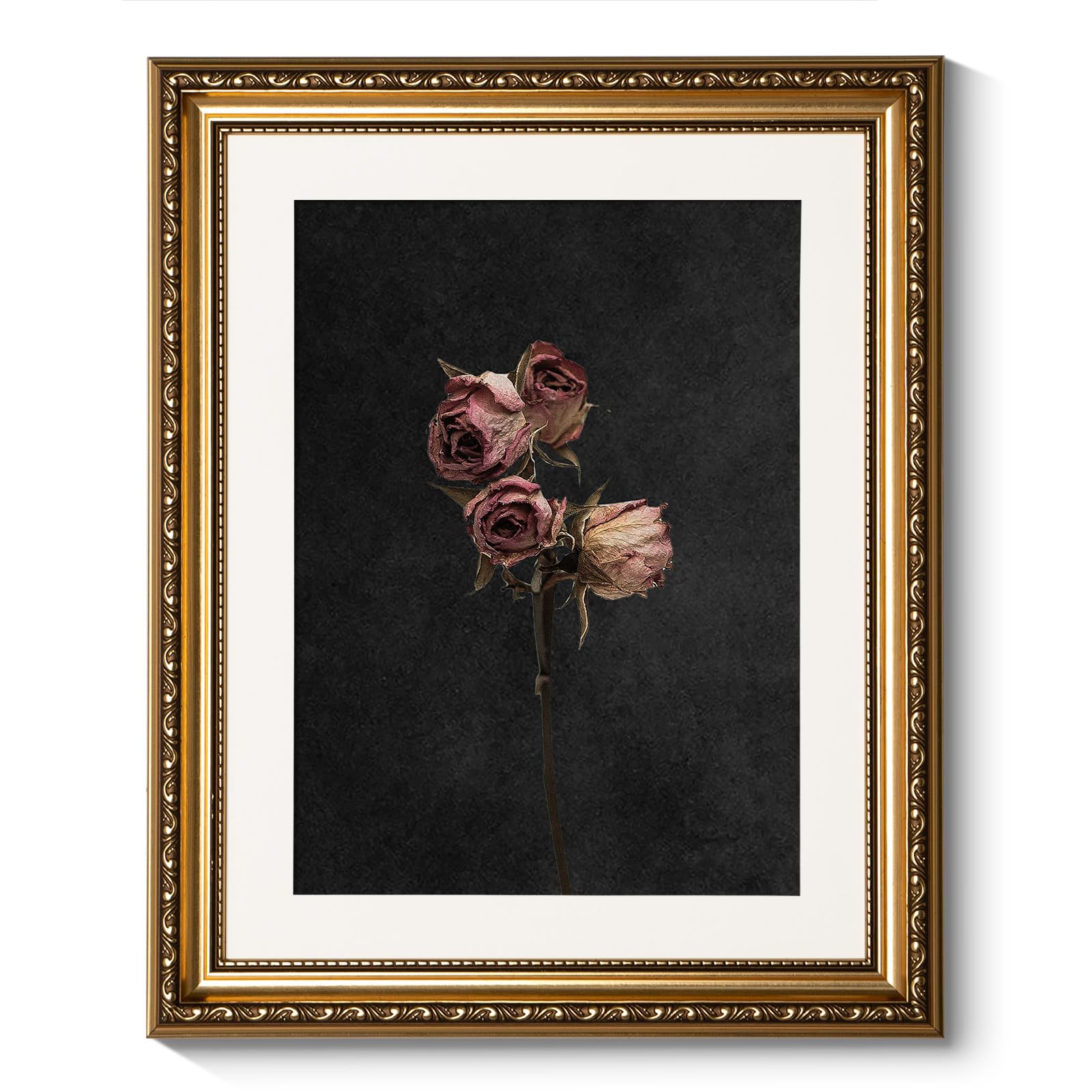 ARPEOTCY Vintage Gold Framed Wall Art, 13x16 inch Retro Dark Dried Rose Paintings, Floral Canvas Prints Artwork with Antique Fra